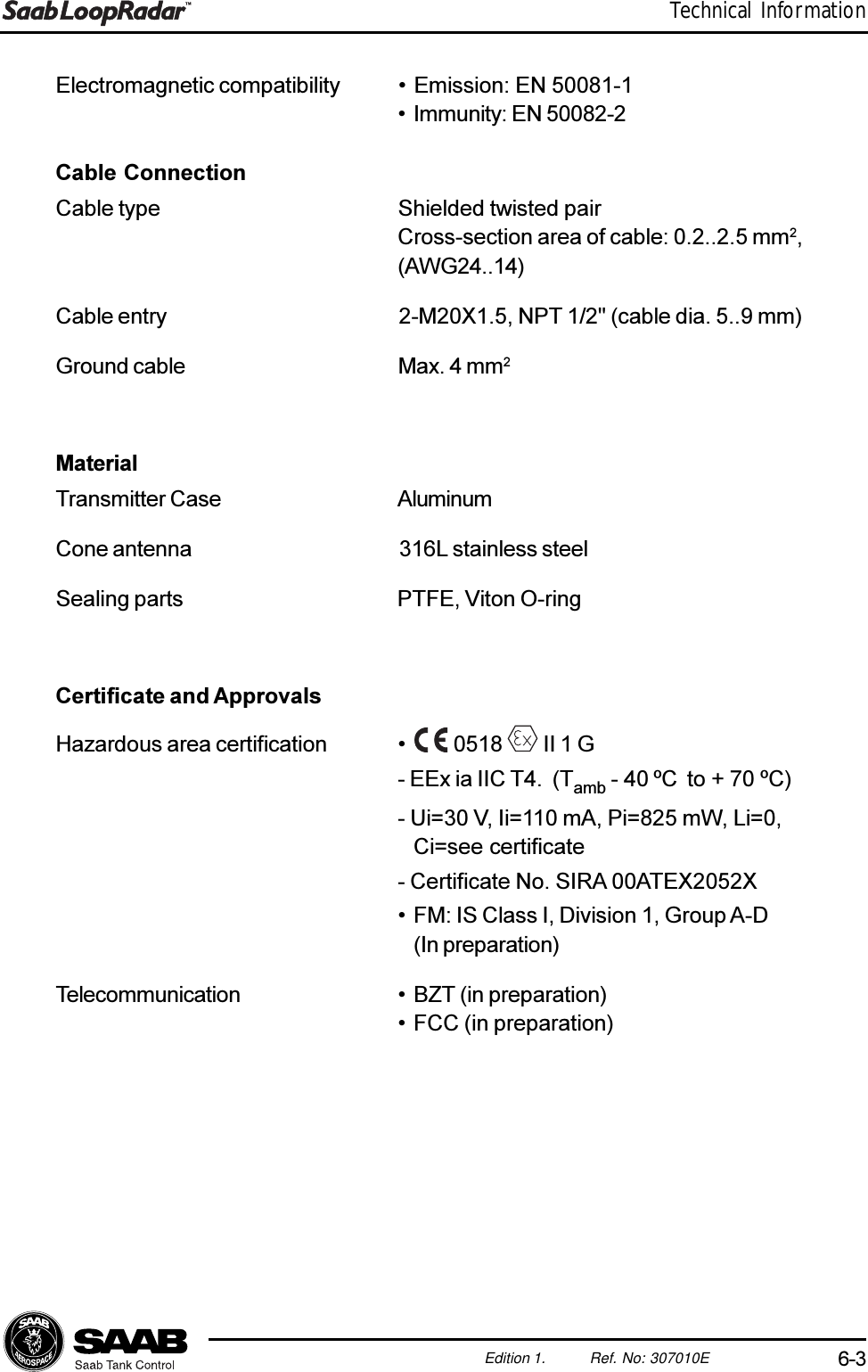 6-3Edition 1. Ref. No: 307010ETechnical InformationElectromagnetic compatibility  Emission: EN 50081-1 Immunity: EN 50082-2Cable ConnectionCable type Shielded twisted pairCross-section area of cable: 0.2..2.5 mm2,(AWG24..14)Cable entry 2-M20X1.5, NPT 1/2&quot; (cable dia. 5..9 mm)Ground cable Max. 4 mm2MaterialTransmitter Case AluminumCone antenna 316L stainless steelSealing parts PTFE, Viton O-ringCertificate and ApprovalsHazardous area certification   0518   II 1 G- EEx ia IIC T4.  (Tamb - 40 ºC  to + 70 ºC)- Ui=30 V, Ii=110 mA, Pi=825 mW, Li=0,Ci=see certificate- Certificate No. SIRA 00ATEX2052X FM: IS Class I, Division 1, Group A-D(In preparation)Telecommunication  BZT (in preparation) FCC (in preparation)