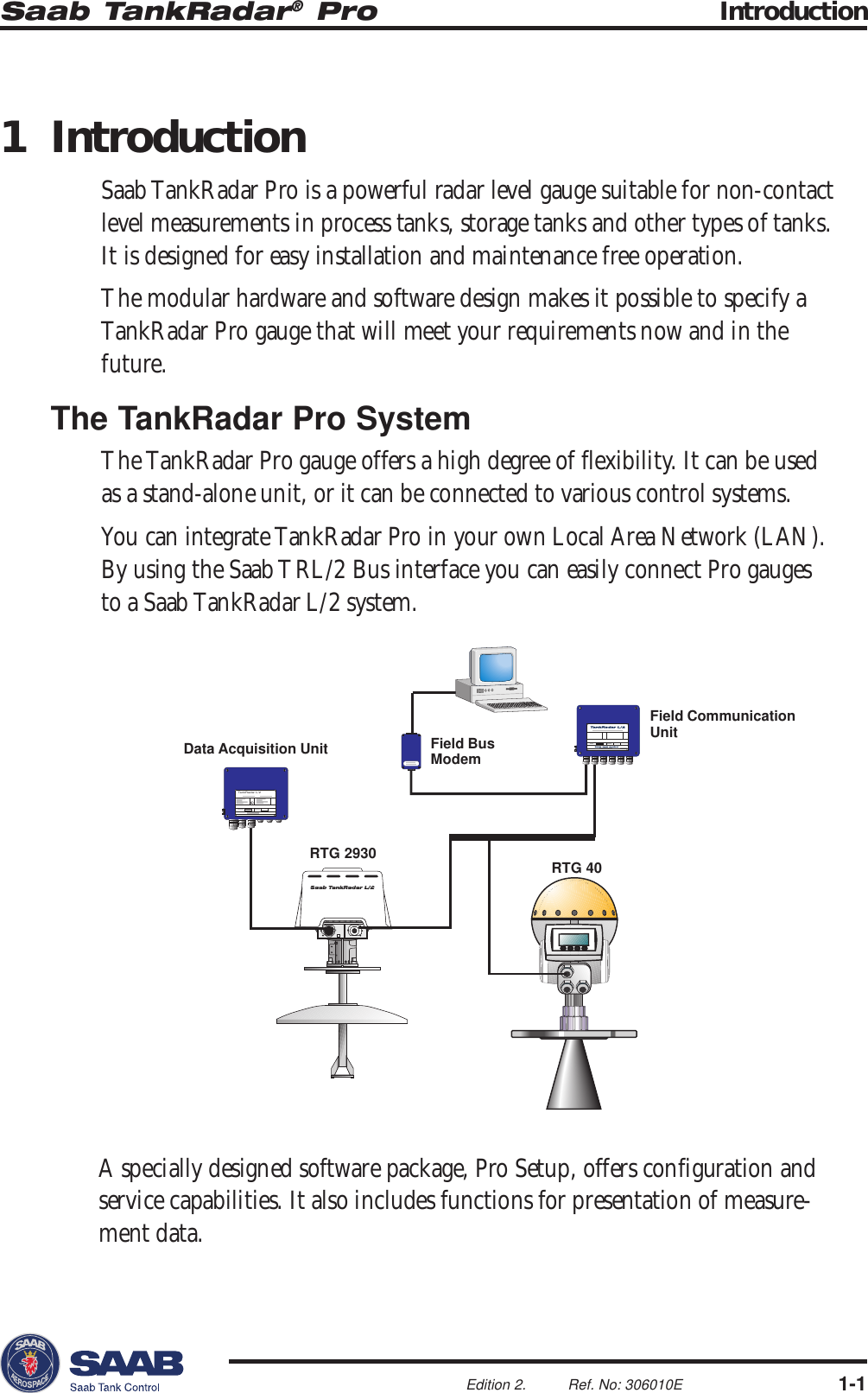 Saab TankRadar® Pro Introduction1-1Edition 2. Ref. No: 306010E1 IntroductionSaab TankRadar Pro is a powerful radar level gauge suitable for non-contactlevel measurements in process tanks, storage tanks and other types of tanks.It is designed for easy installation and maintenance free operation.The modular hardware and software design makes it possible to specify aTankRadar Pro gauge that will meet your requirements now and in thefuture.The TankRadar Pro SystemThe TankRadar Pro gauge offers a high degree of flexibility. It can be usedas a stand-alone unit, or it can be connected to various control systems.You can integrate TankRadar Pro in your own Local Area Network (LAN).By using the Saab TRL/2 Bus interface you can easily connect Pro gaugesto a Saab TankRadar L/2 system.A specially designed software package, Pro Setup, offers configuration andservice capabilities. It also includes functions for presentation of measure-ment data.TankRadar L/2Data Acquisition UnitField CommunicationUnitRTG 40RTG 2930Field BusModem
