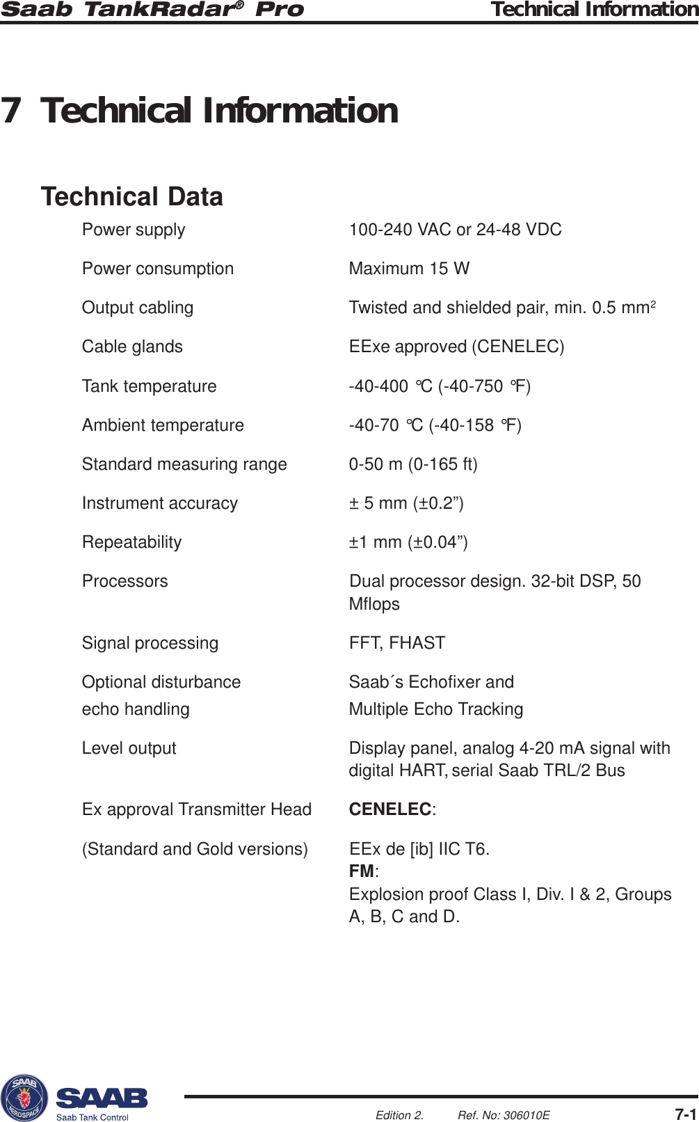 Saab TankRadar® Pro Technical Information7-1Edition 2. Ref. No: 306010E7 Technical InformationTechnical DataPower supply 100-240 VAC or 24-48 VDCPower consumption Maximum 15 WOutput cabling Twisted and shielded pair, min. 0.5 mm2Cable glands EExe approved (CENELEC)Tank temperature -40-400 °C (-40-750 °F)Ambient temperature -40-70 °C (-40-158 °F)Standard measuring range 0-50 m (0-165 ft)Instrument accuracy ± 5 mm (±0.2”)Repeatability ±1 mm (±0.04”)Processors Dual processor design. 32-bit DSP, 50MflopsSignal processing FFT, FHASTOptional disturbance Saab´s Echofixer andecho handling Multiple Echo TrackingLevel output Display panel, analog 4-20 mA signal withdigital HART, serial Saab TRL/2 BusEx approval Transmitter Head CENELEC:(Standard and Gold versions) EEx de [ib] IIC T6.FM:Explosion proof Class I, Div. I &amp; 2, GroupsA, B, C and D.