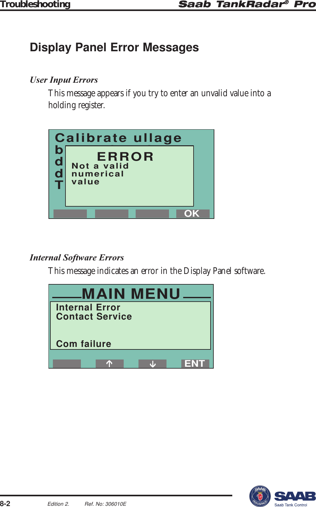 Saab TankRadar® ProTroubleshooting8-2Edition 2. Ref. No: 306010EDisplay Panel Error MessagesUser Input ErrorsThis message appears if you try to enter an unvalid value into aholding register.Internal Software ErrorsThis message indicates an error in the Display Panel software.MAIN MENUView...Service...Setup...ENTInternal ErrorContact ServiceCom failureCalibrate ullageby setting thedistance betweendipping mark andTR Pro ref.point0.000 mOKERRORNot a validnumericalvalue