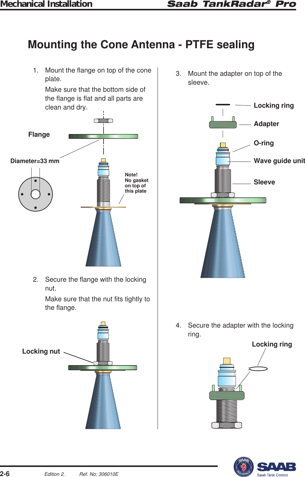 Saab TankRadar® ProMechanical Installation2-6Edition 2. Ref. No: 306010ELocking ringWave guide unitAdapterSleeveLocking ringLocking nutO-ringFlangeDiameter=33 mmNote!No gasketon top ofthis plateMounting the Cone Antenna - PTFE sealing1. Mount the flange on top of the coneplate.Make sure that the bottom side ofthe flange is flat and all parts areclean and dry.2. Secure the flange with the lockingnut.Make sure that the nut fits tightly tothe flange.3. Mount the adapter on top of thesleeve.4. Secure the adapter with the lockingring.