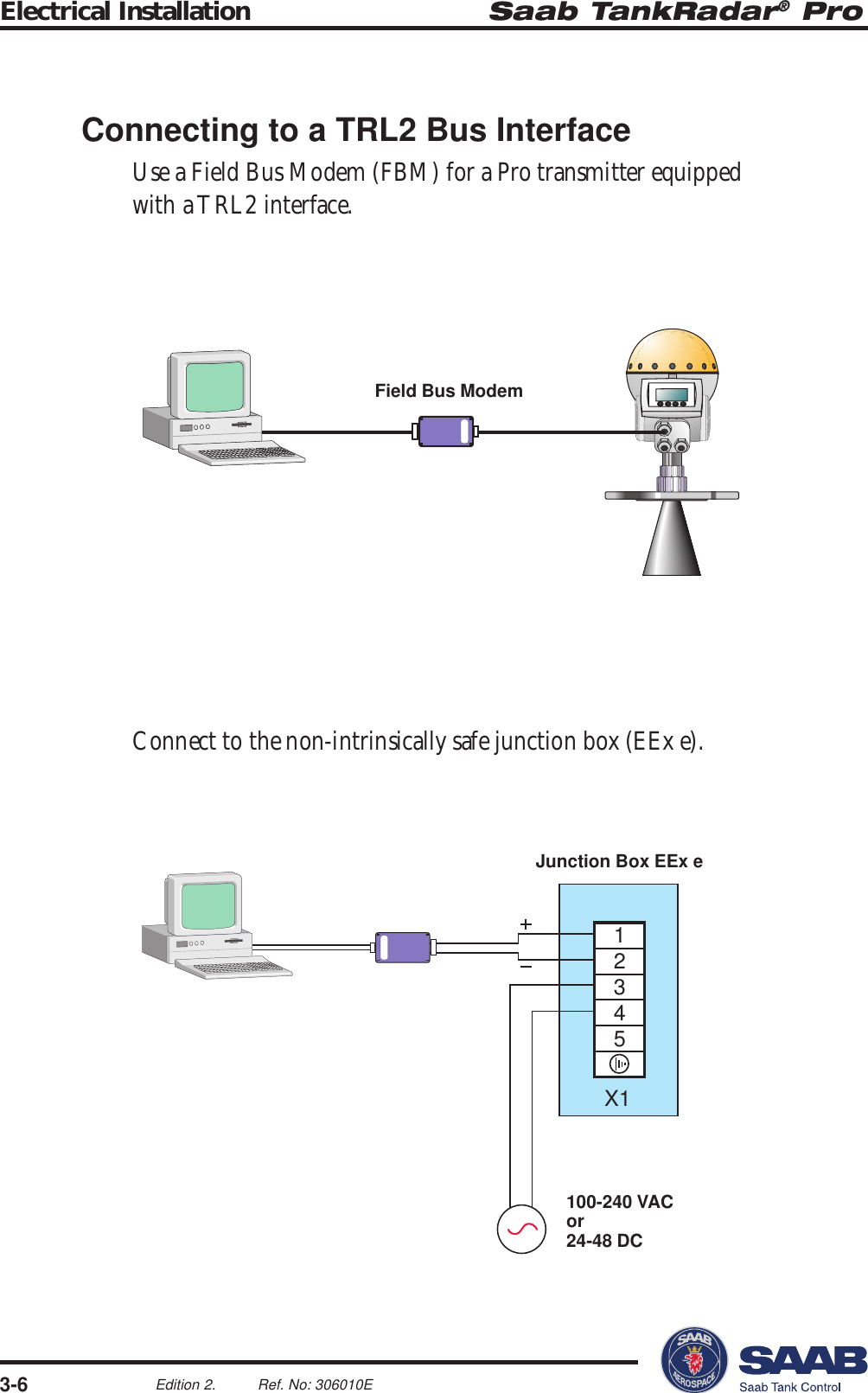 3-6Edition 2. Ref. No: 306010ESaab TankRadar® ProElectrical InstallationField Bus ModemX112345Junction Box EEx e100-240 VACor24-48 DCConnecting to a TRL2 Bus InterfaceUse a Field Bus Modem (FBM) for a Pro transmitter equippedwith a TRL2 interface.Connect to the non-intrinsically safe junction box (EEx e).