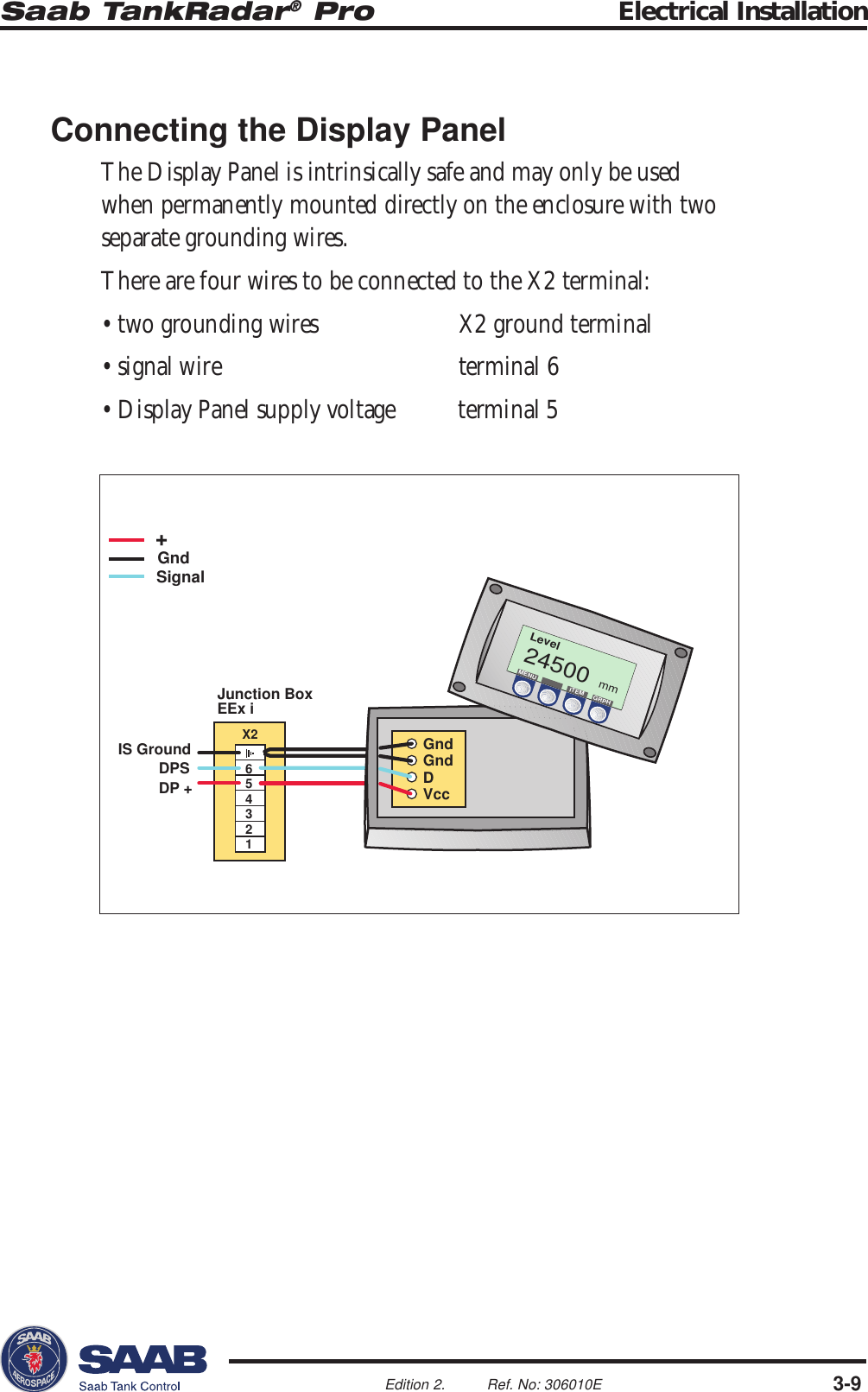 Saab TankRadar® Pro Electrical Installation3-9Edition 2. Ref. No: 306010EGndGndDVccLevel24500MENU ITEM GRPHmmJunction BoxEEx i654321X2IS GroundDPSDP ++GndSignalConnecting the Display PanelThe Display Panel is intrinsically safe and may only be usedwhen permanently mounted directly on the enclosure with twoseparate grounding wires.There are four wires to be connected to the X2 terminal:• two grounding wires X2 ground terminal• signal wire terminal 6• Display Panel supply voltage terminal 5