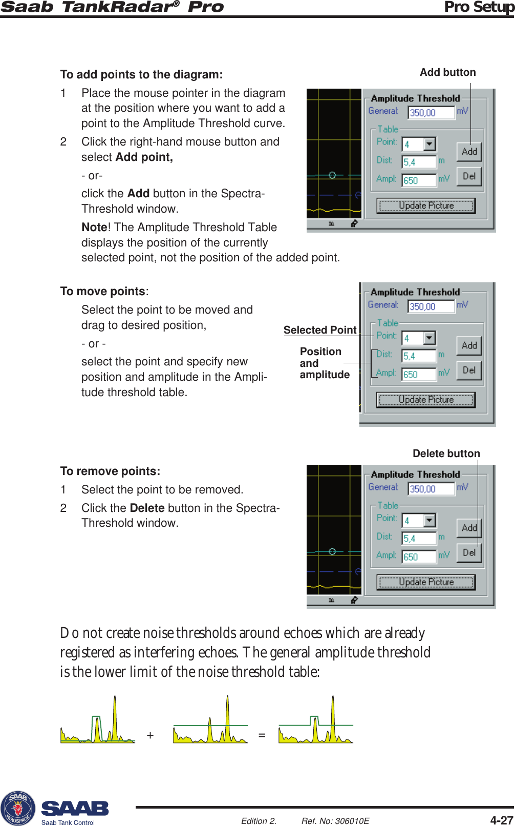 Saab TankRadar® Pro Pro Setup4-27Edition 2. Ref. No: 306010ETo add points to the diagram:1 Place the mouse pointer in the diagramat the position where you want to add apoint to the Amplitude Threshold curve.2 Click the right-hand mouse button andselect Add point,- or-click the Add button in the Spectra-Threshold window.Note! The Amplitude Threshold Tabledisplays the position of the currentlyselected point, not the position of the added point.To move points:Select the point to be moved anddrag to desired position,- or -select the point and specify newposition and amplitude in the Ampli-tude threshold table.To remove points:1 Select the point to be removed.2 Click the Delete button in the Spectra-Threshold window.Do not create noise thresholds around echoes which are alreadyregistered as interfering echoes. The general amplitude thresholdis the lower limit of the noise threshold table:Selected PointPositionandamplitudeDelete buttonAdd button
