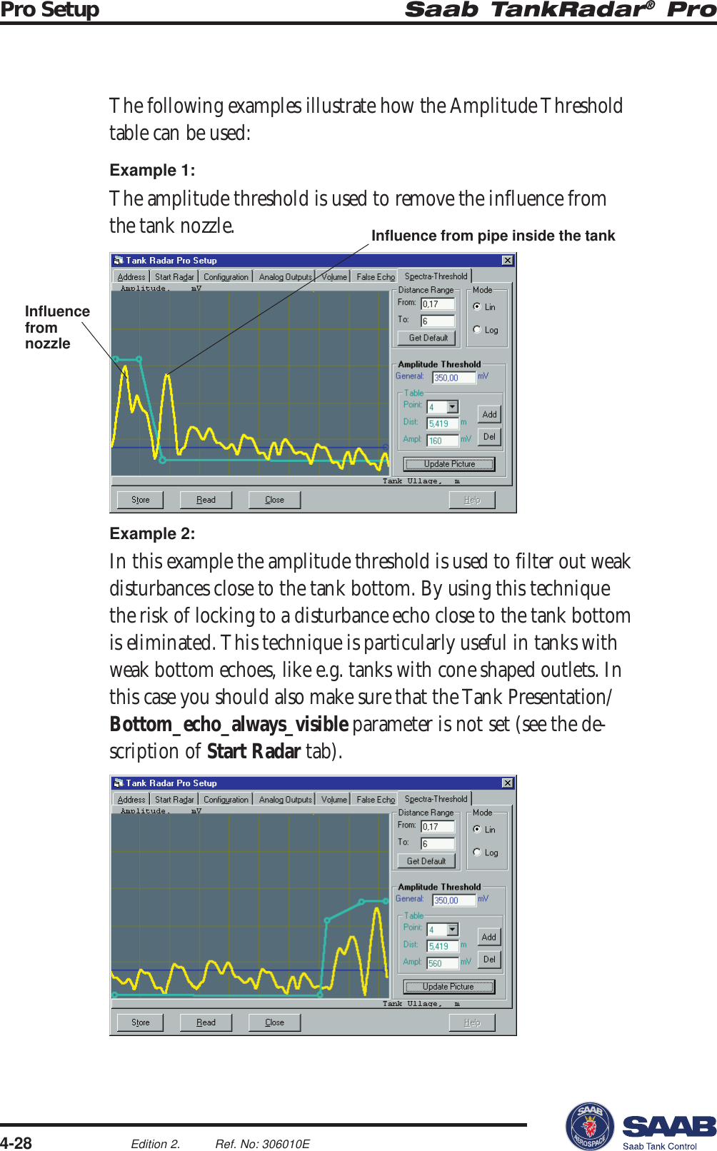 Saab TankRadar® ProPro Setup4-28Edition 2. Ref. No: 306010EThe following examples illustrate how the Amplitude Thresholdtable can be used:Example 1:The amplitude threshold is used to remove the influence fromthe tank nozzle.Example 2:In this example the amplitude threshold is used to filter out weakdisturbances close to the tank bottom. By using this techniquethe risk of locking to a disturbance echo close to the tank bottomis eliminated. This technique is particularly useful in tanks withweak bottom echoes, like e.g. tanks with cone shaped outlets. Inthis case you should also make sure that the Tank Presentation/Bottom_echo_always_visible parameter is not set (see the de-scription of Start Radar tab).InfluencefromnozzleInfluence from pipe inside the tank