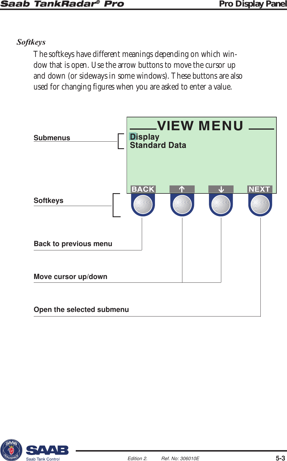 Saab TankRadar® Pro Pro Display Panel5-3Edition 2. Ref. No: 306010EBack to previous menuMove cursor up/downSubmenusSoftkeysOpen the selected submenuSoftkeysThe softkeys have different meanings depending on which win-dow that is open. Use the arrow buttons to move the cursor upand down (or sideways in some windows). These buttons are alsoused for changing figures when you are asked to enter a value.