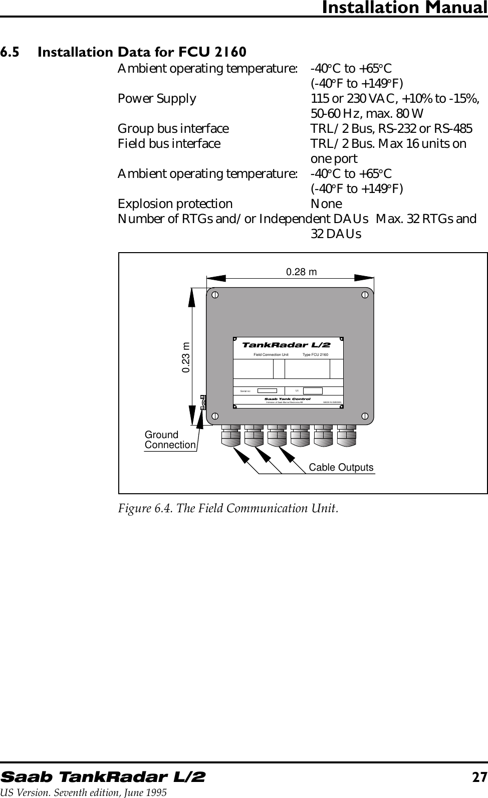 Saab TankRadar L/227US Version. Seventh edition, June 1995Installation Manual6.5 Installation Data for FCU 2160Ambient operating temperature: -40°C to +65°C(-40°F to +149°F)Power Supply 115 or 230 VAC, +10% to -15%,50-60 Hz, max. 80 WGroup bus interface TRL/2 Bus, RS-232 or RS-485Field bus interface TRL/2 Bus. Max 16 units onone portAmbient operating temperature: -40°C to +65°C(-40°F to +149°F)Explosion protection NoneNumber of RTGs and/or Independent DAUs Max. 32 RTGs and32 DAUsCable OutputsGroundConnectionSaab Tank ControlTankRadar L/2Serial no: UI:A division of Saab Marine Electronics ABField Connection Unit              Type FCU 2160MADE IN SWEDEN0.23 m0.28 mFigure 6.4. The Field Communication Unit.