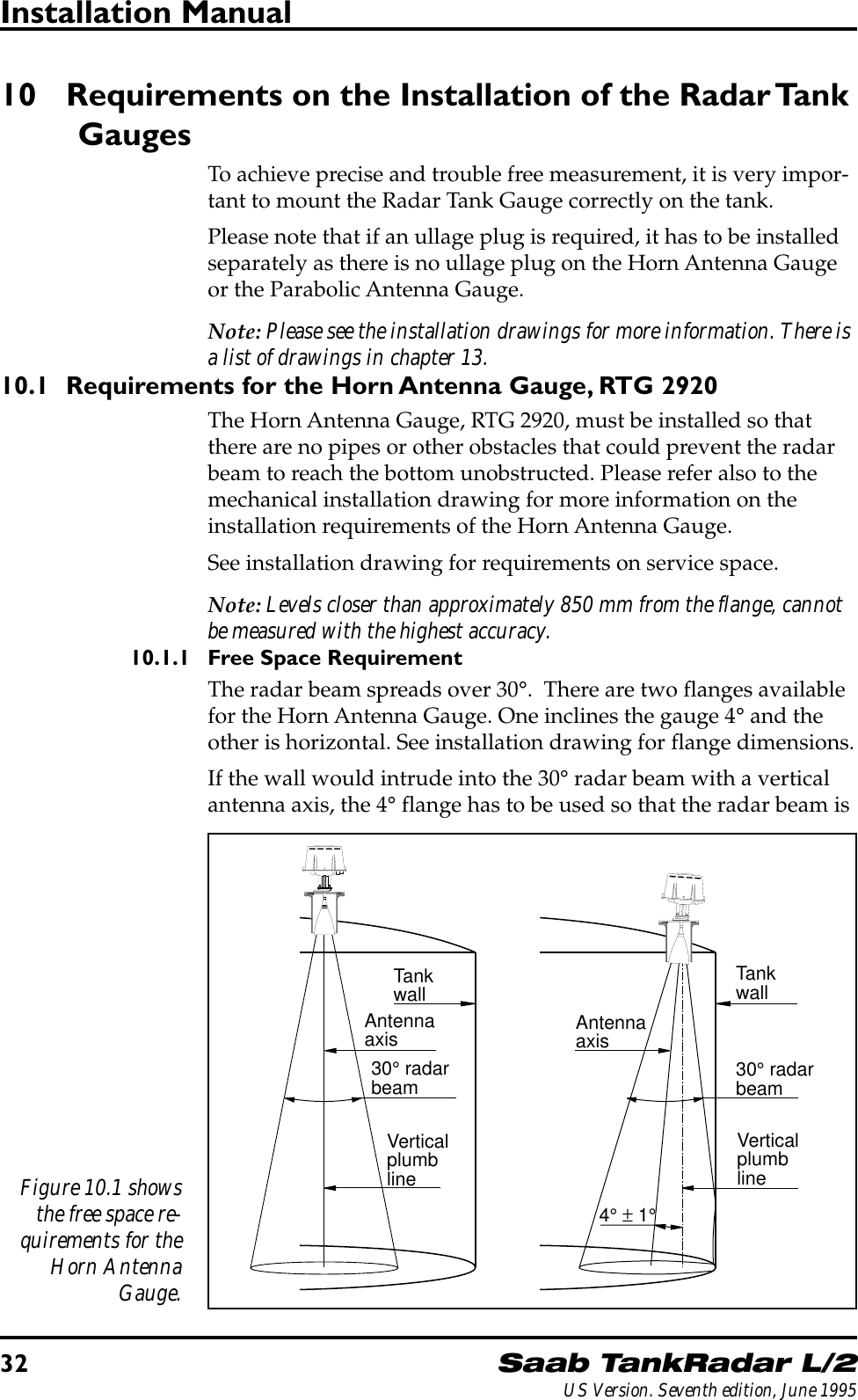 32Saab TankRadar L/2US Version. Seventh edition, June 1995Installation Manual10 Requirements on the Installation of the Radar TankGaugesTo achieve precise and trouble free measurement, it is very impor-tant to mount the Radar Tank Gauge correctly on the tank.Please note that if an ullage plug is required, it has to be installedseparately as there is no ullage plug on the Horn Antenna Gaugeor the Parabolic Antenna Gauge.Note: Please see the installation drawings for more information. There isa list of drawings in chapter 13.10.1 Requirements for the Horn Antenna Gauge, RTG 2920The Horn Antenna Gauge, RTG 2920, must be installed so thatthere are no pipes or other obstacles that could prevent the radarbeam to reach the bottom unobstructed. Please refer also to themechanical installation drawing for more information on theinstallation requirements of the Horn Antenna Gauge.See installation drawing for requirements on service space.Note: Levels closer than approximately 850 mm from the flange, cannotbe measured with the highest accuracy.10.1.1 Free Space RequirementThe radar beam spreads over 30°.  There are two flanges availablefor the Horn Antenna Gauge. One inclines the gauge 4° and theother is horizontal. See installation drawing for flange dimensions.If the wall would intrude into the 30° radar beam with a verticalantenna axis, the 4° flange has to be used so that the radar beam isAntennaaxisTankwallVerticalplumbline4° ± 1°30° radarbeamAntennaaxisTankwallVerticalplumbline30° radarbeamFigure 10.1 showsthe free space re-quirements for theHorn AntennaGauge.