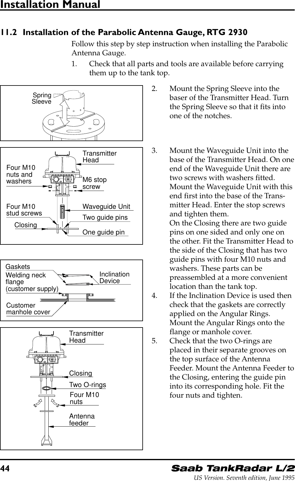 44Saab TankRadar L/2US Version. Seventh edition, June 1995Installation Manual11.2 Installation of the Parabolic Antenna Gauge, RTG 2930Follow this step by step instruction when installing the ParabolicAntenna Gauge.1. Check that all parts and tools are available before carryingthem up to the tank top.Customermanhole coverInclinationDeviceWelding neckflange(customer supply)GasketsW11W12FORINTRINSICALLYSAFE CIRCUITSONLY&quot;i&quot;ClosingTransmitterHeadAntennafeederFour M10nutsTwo O-rings3. Mount the Waveguide Unit into thebase of the Transmitter Head. On oneend of the Waveguide Unit there aretwo screws with washers fitted.Mount the Waveguide Unit with thisend first into the base of the Trans-mitter Head. Enter the stop screwsand tighten them.On the Closing there are two guidepins on one sided and only one onthe other. Fit the Transmitter Head tothe side of the Closing that has twoguide pins with four M10 nuts andwashers. These parts can bepreassembled at a more convenientlocation than the tank top.4. If the Inclination Device is used thencheck that the gaskets are correctlyapplied on the Angular Rings.Mount the Angular Rings onto theflange or manhole cover.5. Check that the two O-rings areplaced in their separate grooves onthe top surface of the AntennaFeeder. Mount the Antenna Feeder tothe Closing, entering the guide pininto its corresponding hole. Fit thefour nuts and tighten.SpringSleeve2. Mount the Spring Sleeve into thebaser of the Transmitter Head. Turnthe Spring Sleeve so that it fits intoone of the notches.W11W12FORINTRINSICALLYSAFE CIRCUITSONLY&quot;i&quot;Waveguide UnitTransmitterHeadM6 stopscrewClosingFour M10nuts andwashersFour M10stud screws Two guide pinsOne guide pin