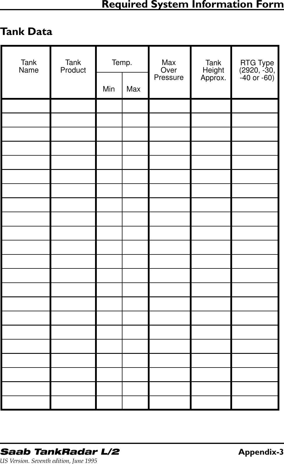Saab TankRadar L/2Appendix-3US Version. Seventh edition, June 1995Required System Information FormTank DataTankName TankProduct Temp.Min MaxMaxOverPressureTankHeightApprox.RTG Type(2920, -30,-40 or -60)