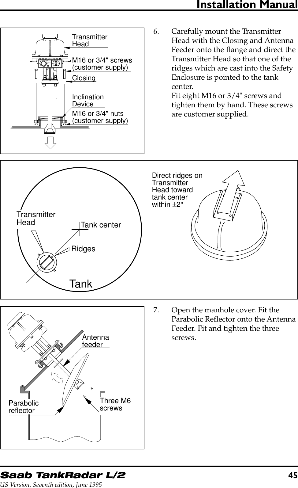 Saab TankRadar L/245US Version. Seventh edition, June 1995Installation Manual6. Carefully mount the TransmitterHead with the Closing and AntennaFeeder onto the flange and direct theTransmitter Head so that one of theridges which are cast into the SafetyEnclosure is pointed to the tankcenter.Fit eight M16 or 3/4&quot; screws andtighten them by hand. These screwsare customer supplied.ClosingInclinationDeviceM16 or 3/4&quot; screws(customer supply)M16 or 3/4&quot; nuts(customer supply)W11W12FORINTRINSICALLYSAFE CIRCUITSONLY&quot;i&quot;TransmitterHeadTank centerTankRidgesTransmitterHeadDirect ridges onTransmitterHead towardtank centerwithin ±2°AntennafeederThree M6screwsParabolicreflector7. Open the manhole cover. Fit theParabolic Reflector onto the AntennaFeeder. Fit and tighten the threescrews.