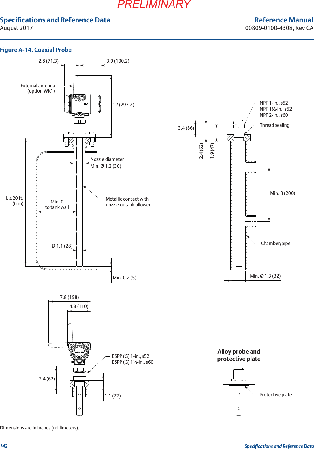 Specifications and Reference Data142Specifications and Reference DataAugust 2017PRELIMINARYReference Manual00809-0100-4308, Rev CAFigure A-14. Coaxial ProbeDimensions are in inches (millimeters).12 (297.2)3.9 (100.2)2.8 (71.3)External antenna(option WK1)Min. Ø 1.2 (30)Metallic contact with nozzle or tank allowedØ 1.1 (28)Min. 0.2 (5)1.1 (27)BSPP (G) 1-in., s52BSPP (G) 1½-in., s602.4 (62)Thread sealingMin. 8 (200)Chamber/pipeMin. Ø 1.3 (32)NPT 1-in., s52NPT 1½-in., s52NPT 2-in., s601.9 (47)2.4 (62)3.4 (86)4.3 (110)Ld 20 ft.(6 m) Min. 0 to tank wall7.8 (198)Nozzle diameterProtective plateAlloy probe and protective plate