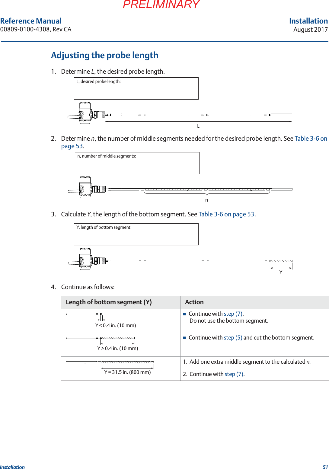 51InstallationAugust 2017InstallationPRELIMINARYReference Manual 00809-0100-4308, Rev CAAdjusting the probe length1. Determine L, the desired probe length.2. Determine n, the number of middle segments needed for the desired probe length. See Table 3-6 on page 53. 3. Calculate Y, the length of the bottom segment. See Table 3-6 on page 53. 4. Continue as follows:Length of bottom segment (Y) ActionContinue with step (7). Do not use the bottom segment.Continue with step (5) and cut the bottom segment.1. Add one extra middle segment to the calculated n.2. Continue with step (7).L, desired probe length:Ln, number of middle segments:nY, length of bottom segment:YY &lt; 0.4 in. (10 mm)Y  0.4 in. (10 mm)Y = 31.5 in. (800 mm)