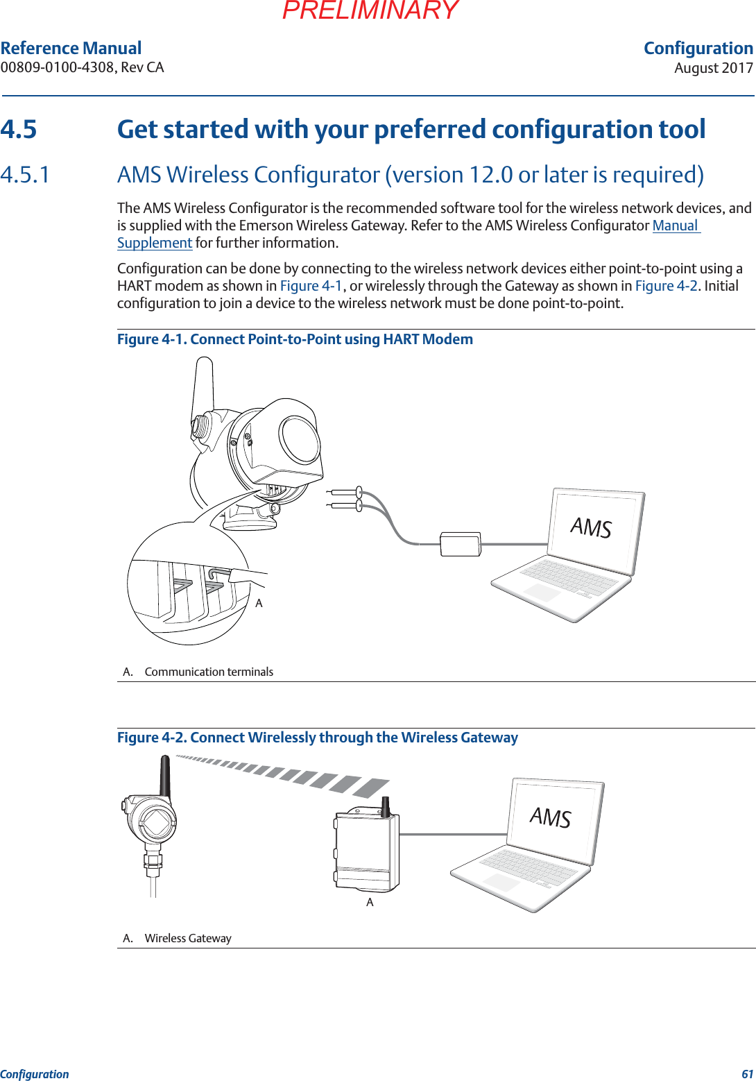 61ConfigurationAugust 2017ConfigurationPRELIMINARYReference Manual 00809-0100-4308, Rev CA4.5 Get started with your preferred configuration tool4.5.1 AMS Wireless Configurator (version 12.0 or later is required)The AMS Wireless Configurator is the recommended software tool for the wireless network devices, and is supplied with the Emerson Wireless Gateway. Refer to the AMS Wireless Configurator Manual Supplement for further information.Configuration can be done by connecting to the wireless network devices either point-to-point using a HART modem as shown in Figure 4-1, or wirelessly through the Gateway as shown in Figure 4-2. Initial configuration to join a device to the wireless network must be done point-to-point.Figure 4-1. Connect Point-to-Point using HART ModemFigure 4-2. Connect Wirelessly through the Wireless GatewayA. Communication terminalsA. Wireless GatewayAA