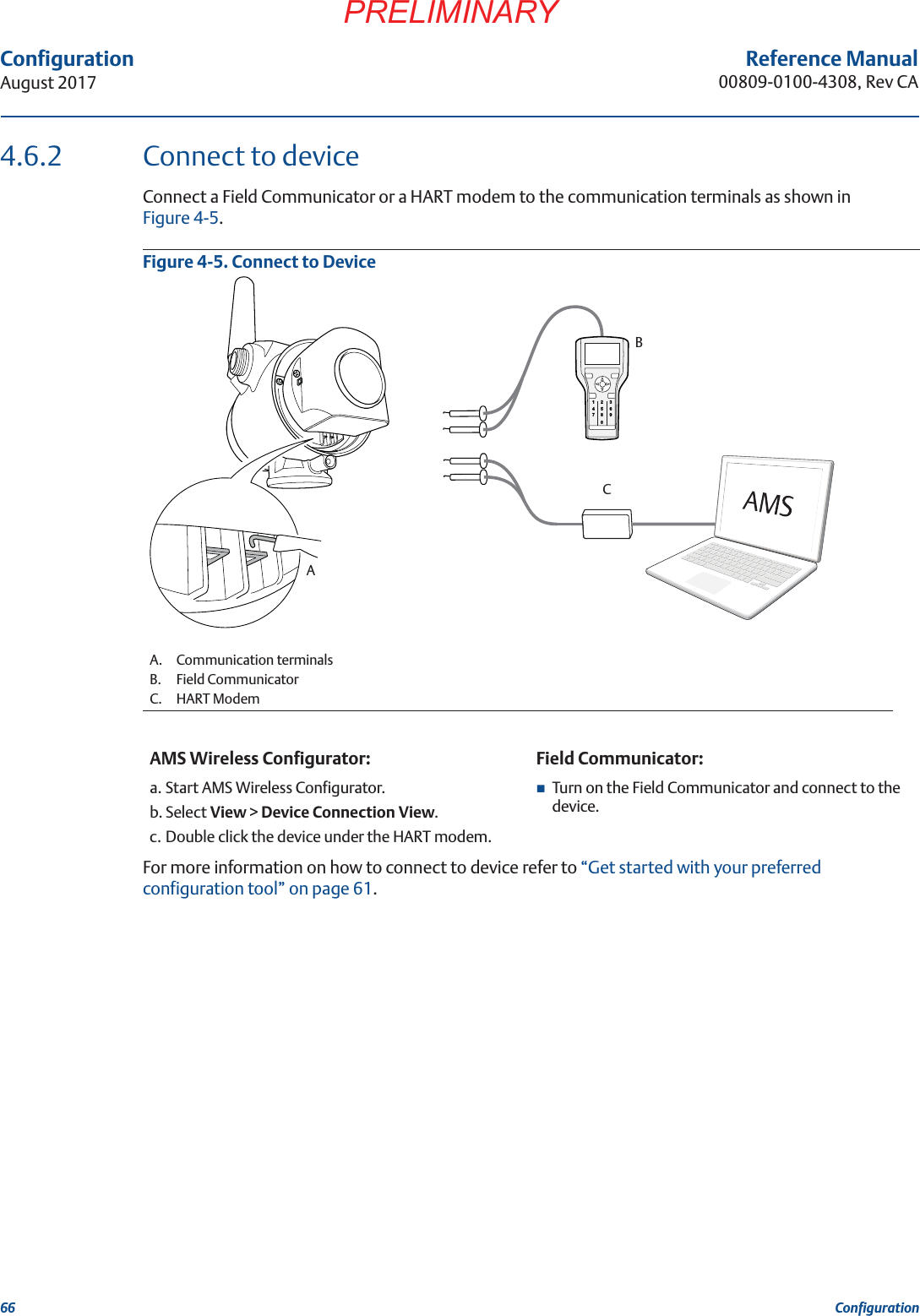 66ConfigurationAugust 2017ConfigurationPRELIMINARYReference Manual00809-0100-4308, Rev CA4.6.2 Connect to deviceConnect a Field Communicator or a HART modem to the communication terminals as shown in Figure 4-5.Figure 4-5. Connect to DeviceFor more information on how to connect to device refer to “Get started with your preferred configuration tool” on page 61.A. Communication terminalsB. Field CommunicatorC. HART ModemAMS Wireless Configurator: Field Communicator:a. Start AMS Wireless Configurator.b. Select View &gt; Device Connection View.c. Double click the device under the HART modem.Turn on the Field Communicator and connect to the device.12 345 67809ABC