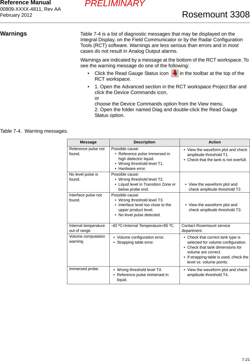 Reference Manual 00809-XXXX-4811, Rev AAFebruary 20127-21Rosemount 3308PRELIMINARYWarnings Table 7-4 is a list of diagnostic messages that may be displayed on the Integral Display, on the Field Communicator or by the Radar Configuration Tools (RCT) software. Warnings are less serious than errors and in most cases do not result in Analog Output alarms.Warnings are indicated by a message at the bottom of the RCT workspace. To see the warning message do one of the following:• Click the Read Gauge Status icon  in the toolbar at the top of the RCT workspace.• 1. Open the Advanced section in the RCT workspace Project Bar and click the Device Commands icon, orchoose the Device Commands option from the View menu.2. Open the folder named Diag and double-click the Read Gauge Status option.Table 7-4.  Warning messages.Message Description ActionReference pulse not found.Possible cause:• Reference pulse immersed in high dielectric liquid.• Wrong threshold level T1.• Hardware error.• View the waveform plot and check amplitude threshold T1.• Check that the tank is not overfull.No level pulse is found.Possible cause:• Wrong threshold level T2.• Liquid level in Transition Zone or below probe end.• View the waveform plot and check amplitude threshold T2.Interface pulse not found.Possible cause:• Wrong threshold level T3.• Interface level too close to the upper product level.• No level pulse detected.• View the waveform plot and check amplitude threshold T3.Internal temperature out of range.-40 ºC&lt;Internal Temperature&lt;85 ºC. Contact Rosemount service department.Volume computation warning.  • Volume configuration error.• Strapping table error.• Check that correct tank type is selected for volume configuration.• Check that tank dimensions for volume are correct.• If strapping table is used, check the level vs. volume points.Immersed probe. • Wrong threshold level T4.• Reference pulse immersed in liquid.• View the waveform plot and check amplitude threshold T4.