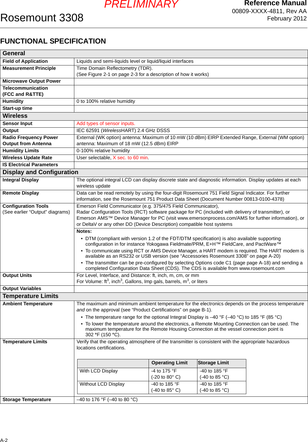 Reference Manual00809-XXXX-4811, Rev AAFebruary 2012Rosemount 3308A-2PRELIMINARYFUNCTIONAL SPECIFICATIONGeneralField of Application Liquids and semi-liquids level or liquid/liquid interfacesMeasurement Principle  Time Domain Reflectometry (TDR). (See Figure 2-1 on page 2-3 for a description of how it works)Microwave Output Power Telecommunication(FCC and R&amp;TTE)Humidity 0 to 100% relative humidityStart-up time WirelessSensor Input Add types of sensor inputs.Output IEC 62591 (WirelessHART) 2.4 GHz DSSSRadio Frequency Power Output from Antenna External (WK option) antenna: Maximum of 10 mW (10 dBm) EIRP Extended Range, External (WM option) antenna: Maximum of 18 mW (12.5 dBm) EIRPHumidity Limits 0-100% relative humidityWireless Update Rate User selectable, X sec. to 60 min.IS Electrical ParametersDisplay and ConfigurationIntegral Display The optional integral LCD can display discrete state and diagnostic information. Display updates at each wireless updateRemote Display Data can be read remotely by using the four-digit Rosemount 751 Field Signal Indicator. For further information, see the Rosemount 751 Product Data Sheet (Document Number 00813-0100-4378)Configuration Tools(See earlier “Output” diagrams)Emerson Field Communicator (e.g. 375/475 Field Communicator), Radar Configuration Tools (RCT) software package for PC (included with delivery of transmitter), orEmerson AMS™ Device Manager for PC (visit www.emersonprocess.com/AMS for further information), oror DeltaV or any other DD (Device Description) compatible host systemsNotes:• DTM (compliant with version 1.2 of the FDT/DTM specification) is also available supporting configuration in for instance Yokogawa Fieldmate/PRM, E+H™ FieldCare, and PactWare™•To communicate using RCT or AMS Device Manager, a HART modem is required. The HART modem is available as an RS232 or USB version (see “Accessories Rosemount 3308” on page A-20)• The transmitter can be pre-configured by selecting Options code C1 (page page A-18) and sending a completed Configuration Data Sheet (CDS). The CDS is available from www.rosemount.comOutput Units For Level, Interface, and Distance: ft, inch, m, cm, or mmFor Volume: ft3, inch3, Gallons, Imp gals, barrels, m3, or litersOutput VariablesTemperature LimitsAmbient Temperature The maximum and minimum ambient temperature for the electronics depends on the process temperature and on the approval (see “Product Certifications” on page B-1).• The temperature range for the optional Integral Display is –40 °F (–40 °C) to 185 °F (85 °C)• To lower the temperature around the electronics, a Remote Mounting Connection can be used. The maximum temperature for the Remote Housing Connection at the vessel connection point is 302 °F (150 °C).Temperature Limits Verify that the operating atmosphere of the transmitter is consistent with the appropriate hazardous locations certifications.Storage Temperature  –40 to 176 °F (–40 to 80 °C)Operating Limit Storage LimitWith LCD Display -4 to 175 °F(-20 to 80° C)-40 to 185 °F(-40 to 85 °C)Without LCD Display -40 to 185 °F(-40 to 85° C)-40 to 185 °F(-40 to 85 °C)