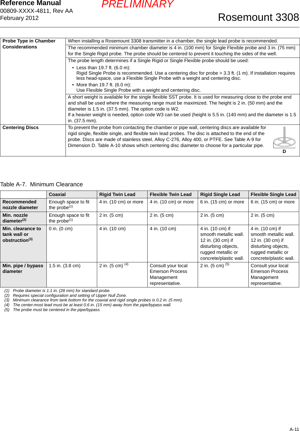 Reference Manual 00809-XXXX-4811, Rev AAFebruary 2012A-11Rosemount 3308PRELIMINARYTable A-7.  Minimum ClearanceProbe Type in Chamber Considerations When installing a Rosemount 3308 transmitter in a chamber, the single lead probe is recommended.The recommended minimum chamber diameter is 4 in. (100 mm) for Single Flexible probe and 3 in. (75 mm) for the Single Rigid probe. The probe should be centered to prevent it touching the sides of the well.The probe length determines if a Single Rigid or Single Flexible probe should be used:• Less than 19.7 ft. (6.0 m):Rigid Single Probe is recommended. Use a centering disc for probe &gt; 3.3 ft. (1 m). If installation requires less head-space, use a Flexible Single Probe with a weight and centering disc.• More than 19.7 ft. (6.0 m):Use Flexible Single Probe with a weight and centering disc.A short weight is available for the single flexible SST probe. It is used for measuring close to the probe endand shall be used where the measuring range must be maximized. The height is 2 in. (50 mm) and the diameter is 1.5 in. (37.5 mm). The option code is W2.If a heavier weight is needed, option code W3 can be used (height is 5.5 in. (140 mm) and the diameter is 1.5 in. (37.5 mm).Centering Discs To prevent the probe from contacting the chamber or pipe wall, centering discs are available for rigid single, flexible single, and flexible twin lead probes. The disc is attached to the end of the probe. Discs are made of stainless steel, Alloy C-276, Alloy 400, or PTFE. See Table A-9 for Dimension D. Table A-10 shows which centering disc diameter to choose for a particular pipe.DCoaxial Rigid Twin Lead Flexible Twin Lead Rigid Single Lead Flexible Single LeadRecommended nozzle diameter Enough space to fit the probe(1) 4 in. (10 cm) or more 4 in. (10 cm) or more 6 in. (15 cm) or more 6 in. (15 cm) or moreMin. nozzle diameter(2) Enough space to fit the probe(1) 2 in. (5 cm)  2 in. (5 cm) 2 in. (5 cm) 2 in. (5 cm)Min. clearance to tank wall or obstruction(3)0 in. (0 cm) 4 in. (10 cm) 4 in. (10 cm) 4 in. (10 cm) if smooth metallic wall.12 in. (30 cm) if disturbing objects, rugged metallic or concrete/plastic wall.4 in. (10 cm) if smooth metallic wall.12 in. (30 cm) if disturbing objects, rugged metallic or concrete/plastic wall.Min. pipe / bypass diameter 1.5 in. (3.8 cm) 2 in. (5 cm) (4) Consult your local Emerson Process Management representative.2 in. (5 cm) (5)  Consult your local Emerson Process Management representative.(1) Probe diameter is 1.1 in. (28 mm) for standard probe.(2) Requires special configuration and setting of Upper Null Zone.(3) Minimum clearance from tank bottom for the coaxial and rigid single probes is 0.2 in. (5 mm).(4) The center-most lead must be at least 0.6 in. (15 mm) away from the pipe/bypass wall.(5) The probe must be centered in the pipe/bypass.