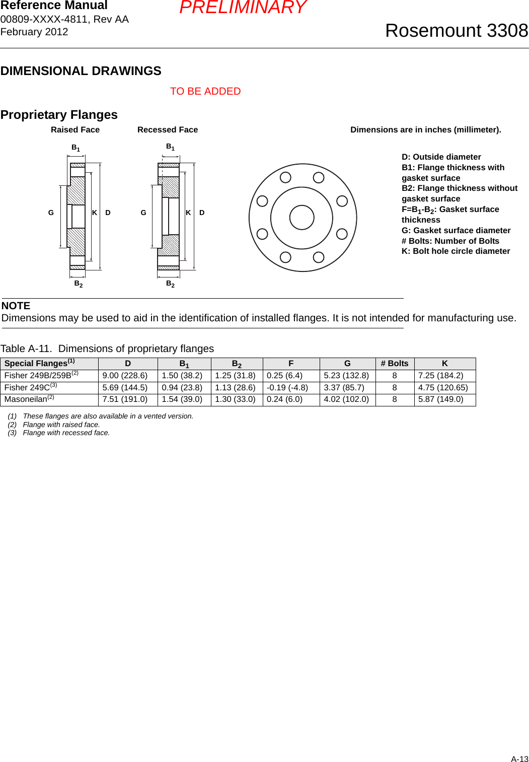 Reference Manual 00809-XXXX-4811, Rev AAFebruary 2012A-13Rosemount 3308PRELIMINARYDIMENSIONAL DRAWINGSTO BE ADDEDProprietary FlangesTable A-11.  Dimensions of proprietary flangesSpecial Flanges(1)(1) These flanges are also available in a vented version.D B1B2F G # Bolts KFisher 249B/259B(2)(2) Flange with raised face.9.00 (228.6) 1.50 (38.2) 1.25 (31.8) 0.25 (6.4) 5.23 (132.8) 8 7.25 (184.2)Fisher 249C(3)(3) Flange with recessed face.5.69 (144.5) 0.94 (23.8) 1.13 (28.6) -0.19 (-4.8) 3.37 (85.7) 8 4.75 (120.65)Masoneilan(2) 7.51 (191.0) 1.54 (39.0) 1.30 (33.0) 0.24 (6.0) 4.02 (102.0) 8 5.87 (149.0)DB1GRaised Face Recessed FaceKD: Outside diameterB1: Flange thickness withgasket surfaceB2: Flange thickness withoutgasket surfaceF=B1-B2: Gasket surface thicknessG: Gasket surface diameter# Bolts: Number of BoltsK: Bolt hole circle diameterNOTEDimensions may be used to aid in the identification of installed flanges. It is not intended for manufacturing use.GB1DKB2B2Dimensions are in inches (millimeter).