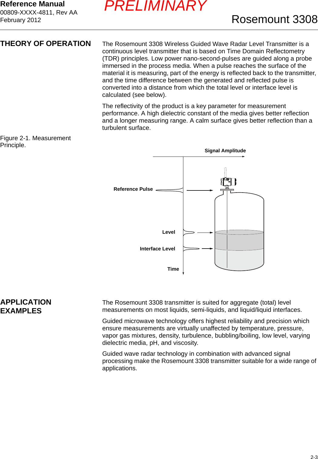 Reference Manual 00809-XXXX-4811, Rev AAFebruary 20122-3Rosemount 3308PRELIMINARYTHEORY OF OPERATION The Rosemount 3308 Wireless Guided Wave Radar Level Transmitter is a continuous level transmitter that is based on Time Domain Reflectometry (TDR) principles. Low power nano-second-pulses are guided along a probe immersed in the process media. When a pulse reaches the surface of the material it is measuring, part of the energy is reflected back to the transmitter, and the time difference between the generated and reflected pulse is converted into a distance from which the total level or interface level is calculated (see below). The reflectivity of the product is a key parameter for measurement performance. A high dielectric constant of the media gives better reflection and a longer measuring range. A calm surface gives better reflection than a turbulent surface.Figure 2-1. Measurement Principle.APPLICATION EXAMPLES The Rosemount 3308 transmitter is suited for aggregate (total) level measurements on most liquids, semi-liquids, and liquid/liquid interfaces.Guided microwave technology offers highest reliability and precision which ensure measurements are virtually unaffected by temperature, pressure, vapor gas mixtures, density, turbulence, bubbling/boiling, low level, varying dielectric media, pH, and viscosity.Guided wave radar technology in combination with advanced signal processing make the Rosemount 3308 transmitter suitable for a wide range of applications.TimeReference PulseLevelInterface LevelSignal Amplitude