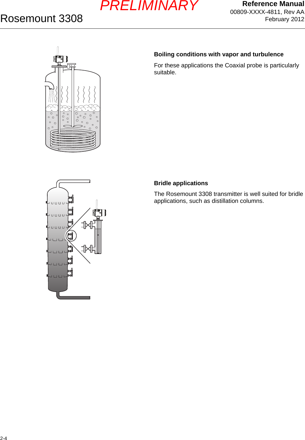 Reference Manual00809-XXXX-4811, Rev AAFebruary 2012Rosemount 33082-4PRELIMINARYBoiling conditions with vapor and turbulenceFor these applications the Coaxial probe is particularly suitable.Bridle applicationsThe Rosemount 3308 transmitter is well suited for bridle applications, such as distillation columns.