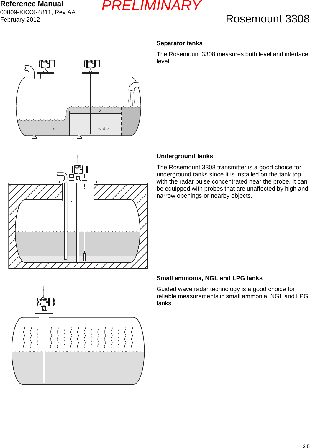 Reference Manual 00809-XXXX-4811, Rev AAFebruary 20122-5Rosemount 3308PRELIMINARYSeparator tanksThe Rosemount 3308 measures both level and interface level.Underground tanksThe Rosemount 3308 transmitter is a good choice for underground tanks since it is installed on the tank top with the radar pulse concentrated near the probe. It can be equipped with probes that are unaffected by high and narrow openings or nearby objects.Small ammonia, NGL and LPG tanksGuided wave radar technology is a good choice for reliable measurements in small ammonia, NGL and LPG tanks.