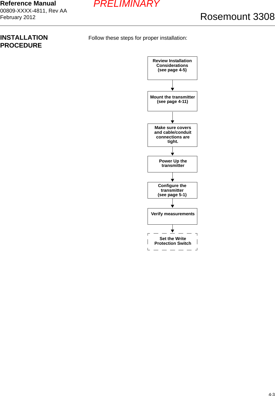Reference Manual 00809-XXXX-4811, Rev AAFebruary 20124-3Rosemount 3308PRELIMINARYINSTALLATION PROCEDURE Follow these steps for proper installation:Review Installation Considerations(see page 4-5)Mount the transmitter(see page 4-11)Make sure covers and cable/conduit connections are tight.Power Up the transmitterConfigure the transmitter(see page 5-1)Verify measurementsSet the Write Protection Switch