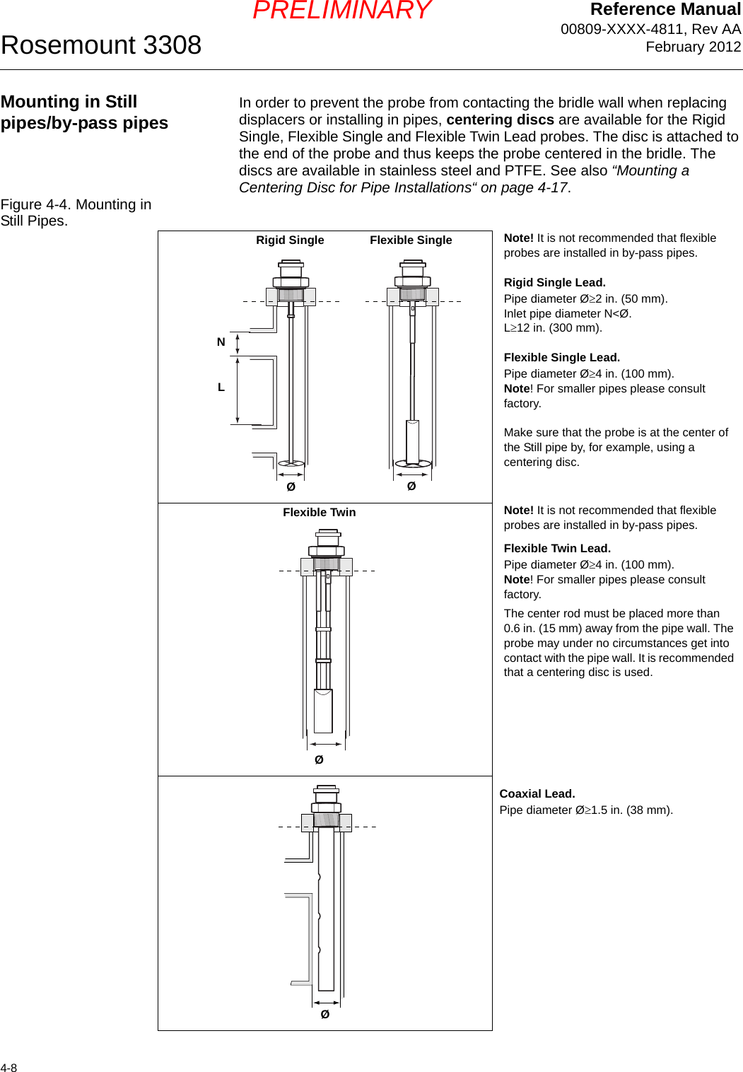 Reference Manual00809-XXXX-4811, Rev AAFebruary 2012Rosemount 33084-8PRELIMINARYMounting in Still pipes/by-pass pipes In order to prevent the probe from contacting the bridle wall when replacing displacers or installing in pipes, centering discs are available for the Rigid Single, Flexible Single and Flexible Twin Lead probes. The disc is attached to the end of the probe and thus keeps the probe centered in the bridle. The discs are available in stainless steel and PTFE. See also “Mounting a Centering Disc for Pipe Installations“ on page 4-17.Figure 4-4. Mounting in Still Pipes. Note! It is not recommended that flexible probes are installed in by-pass pipes.Rigid Single Lead.Pipe diameter Ø2 in. (50 mm).Inlet pipe diameter N&lt;Ø.L12 in. (300 mm).Flexible Single Lead.Pipe diameter Ø4 in. (100 mm).Note! For smaller pipes please consult factory.Make sure that the probe is at the center of the Still pipe by, for example, using a centering disc.Note! It is not recommended that flexible probes are installed in by-pass pipes.Flexible Twin Lead.Pipe diameter Ø4 in. (100 mm).Note! For smaller pipes please consult factory.The center rod must be placed more than 0.6 in. (15 mm) away from the pipe wall. The probe may under no circumstances get into contact with the pipe wall. It is recommended that a centering disc is used.Coaxial Lead.Pipe diameter Ø1.5 in. (38 mm).ØLNRigid SingleØFlexible SingleØFlexible TwinØ