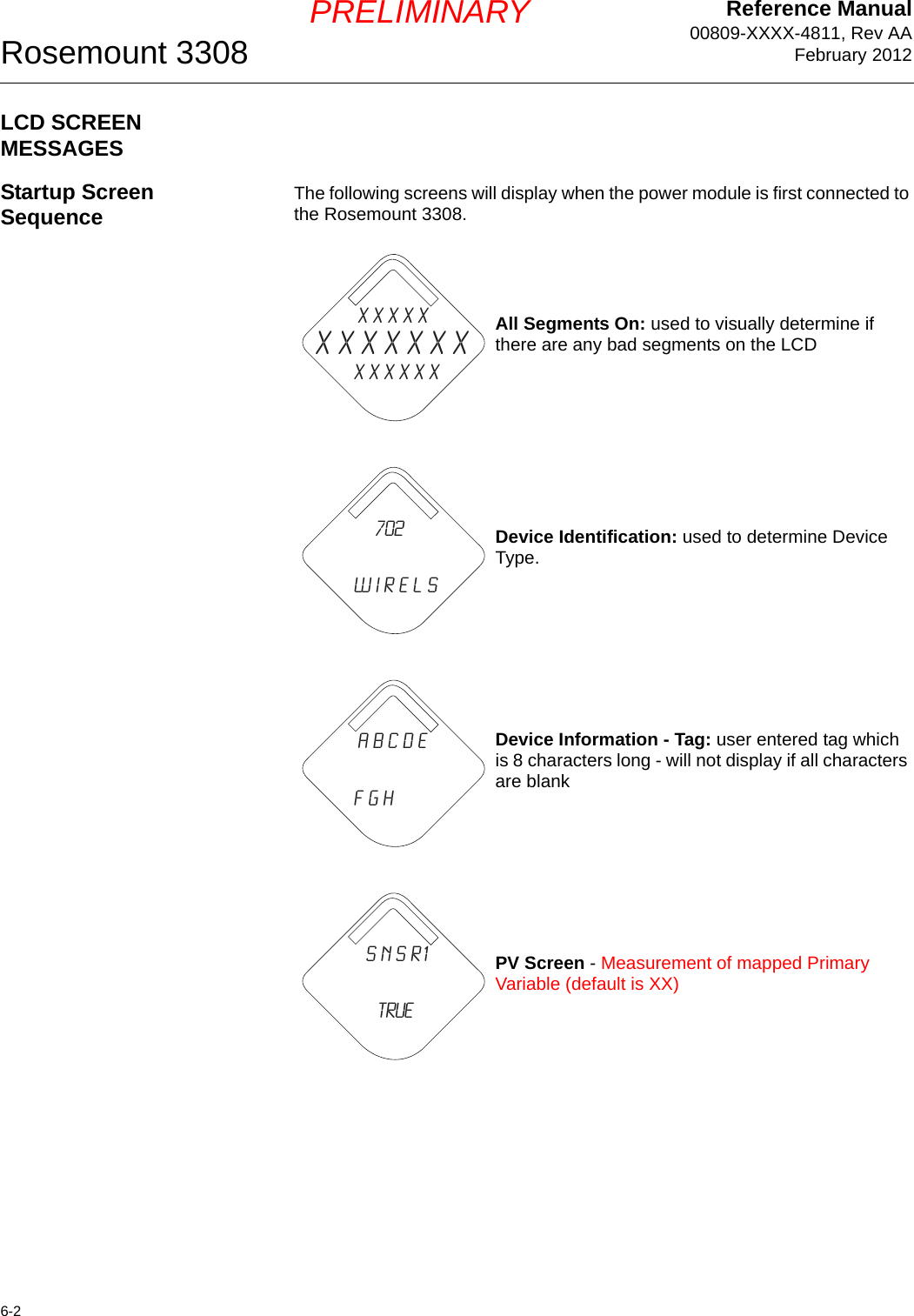 Reference Manual00809-XXXX-4811, Rev AAFebruary 2012Rosemount 33086-2PRELIMINARYLCD SCREEN MESSAGESStartup Screen Sequence The following screens will display when the power module is first connected to the Rosemount 3308.All Segments On: used to visually determine if there are any bad segments on the LCDDevice Identification: used to determine Device Type.Device Information - Tag: user entered tag which is 8 characters long - will not display if all characters are blankPV Screen - Measurement of mapped Primary Variable (default is XX)X X X X XX X X X x x xx x x x x x   702                W I r e l sA b c d e                f g hs n s r1          True