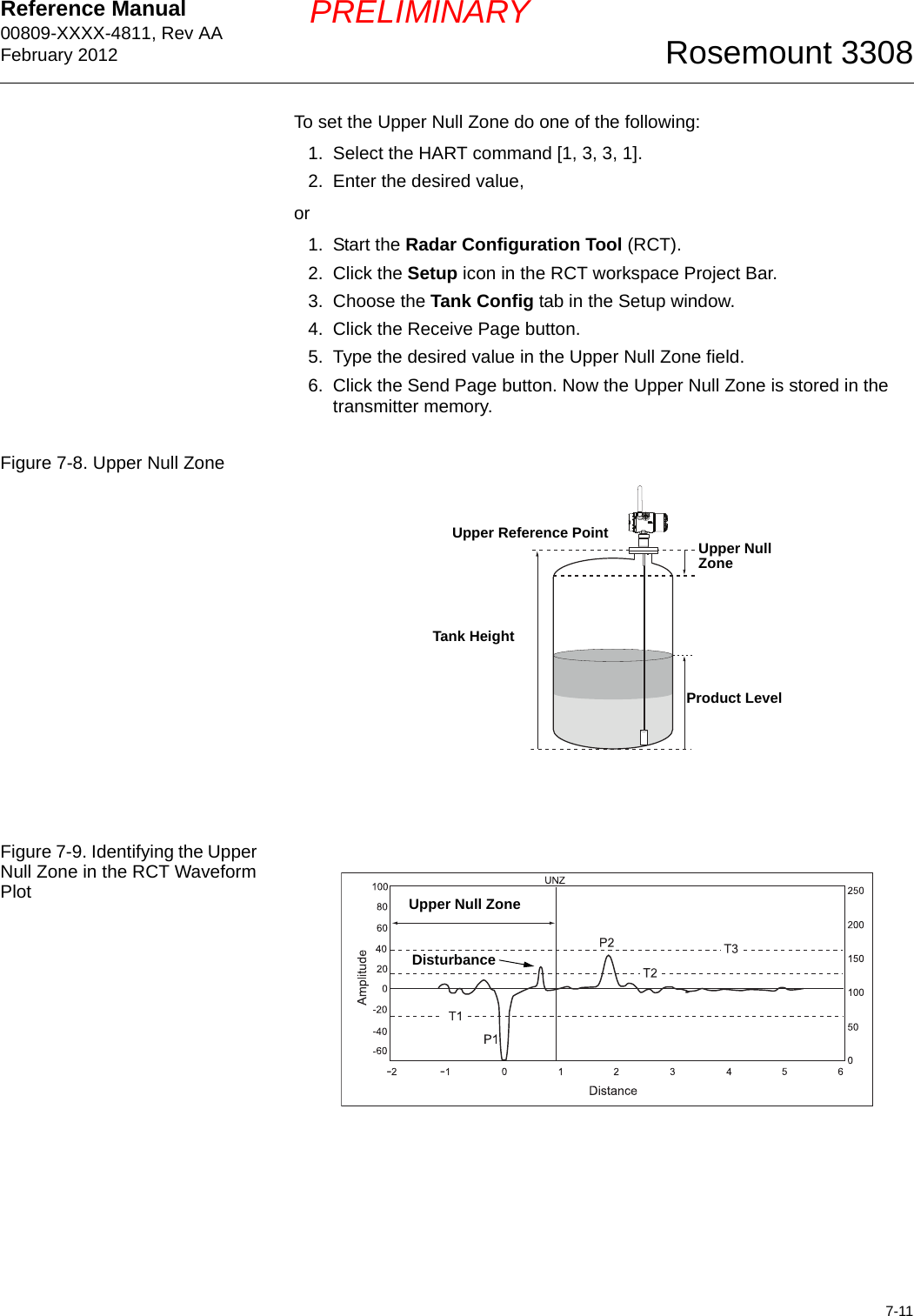 Reference Manual 00809-XXXX-4811, Rev AAFebruary 20127-11Rosemount 3308PRELIMINARYTo set the Upper Null Zone do one of the following:1. Select the HART command [1, 3, 3, 1].2. Enter the desired value, or1. Start the Radar Configuration Tool (RCT).2. Click the Setup icon in the RCT workspace Project Bar.3. Choose the Tank Config tab in the Setup window.4. Click the Receive Page button.5. Type the desired value in the Upper Null Zone field.6. Click the Send Page button. Now the Upper Null Zone is stored in the transmitter memory.Figure 7-8. Upper Null ZoneFigure 7-9. Identifying the Upper Null Zone in the RCT Waveform PlotTank HeightUpper Null ZoneProduct LevelUpper Reference Point--Upper Null ZoneDisturbance