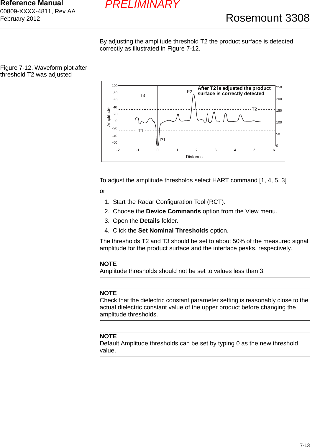 Reference Manual 00809-XXXX-4811, Rev AAFebruary 20127-13Rosemount 3308PRELIMINARYBy adjusting the amplitude threshold T2 the product surface is detected correctly as illustrated in Figure 7-12.Figure 7-12. Waveform plot after threshold T2 was adjusted To adjust the amplitude thresholds select HART command [1, 4, 5, 3] or1. Start the Radar Configuration Tool (RCT).2. Choose the Device Commands option from the View menu.3. Open the Details folder.4. Click the Set Nominal Thresholds option.The thresholds T2 and T3 should be set to about 50% of the measured signal amplitude for the product surface and the interface peaks, respectively. NOTEAmplitude thresholds should not be set to values less than 3.NOTECheck that the dielectric constant parameter setting is reasonably close to the actual dielectric constant value of the upper product before changing the amplitude thresholds.NOTEDefault Amplitude thresholds can be set by typing 0 as the new threshold value.P1P2T1T2T3Amplitude1008060-6040-4020-200100500150200250 After T2 is adjusted the product surface is correctly detected