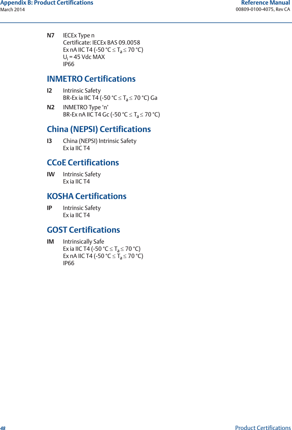 48Reference Manual00809-0100-4075, Rev CAAppendix B: Product CertificationsMarch 2014Product CertificationsN7  IECEx Type nCertificate: IECEx BAS 09.0058Ex nA IIC T4 (-50 °C dTa d70 °C)Ui = 45 Vdc MAXIP66INMETRO CertificationsI2 Intrinsic SafetyBR-Ex ia IIC T4 (-50 °C dTa d70 °C) GaN2 INMETRO Type ‘n’BR-Ex nA IIC T4 Gc (-50 °C dTa d70 °C) China (NEPSI) CertificationsI3 China (NEPSI) Intrinsic SafetyEx ia IIC T4CCoE CertificationsIW Intrinsic SafetyEx ia IIC T4KOSHA CertificationsIP Intrinsic SafetyEx ia IIC T4GOST CertificationsIM Intrinsically SafeEx ia IIC T4 (-50 °C dTa d70 °C) Ex nA IIC T4 (-50 °C dTa d70 °C) IP66