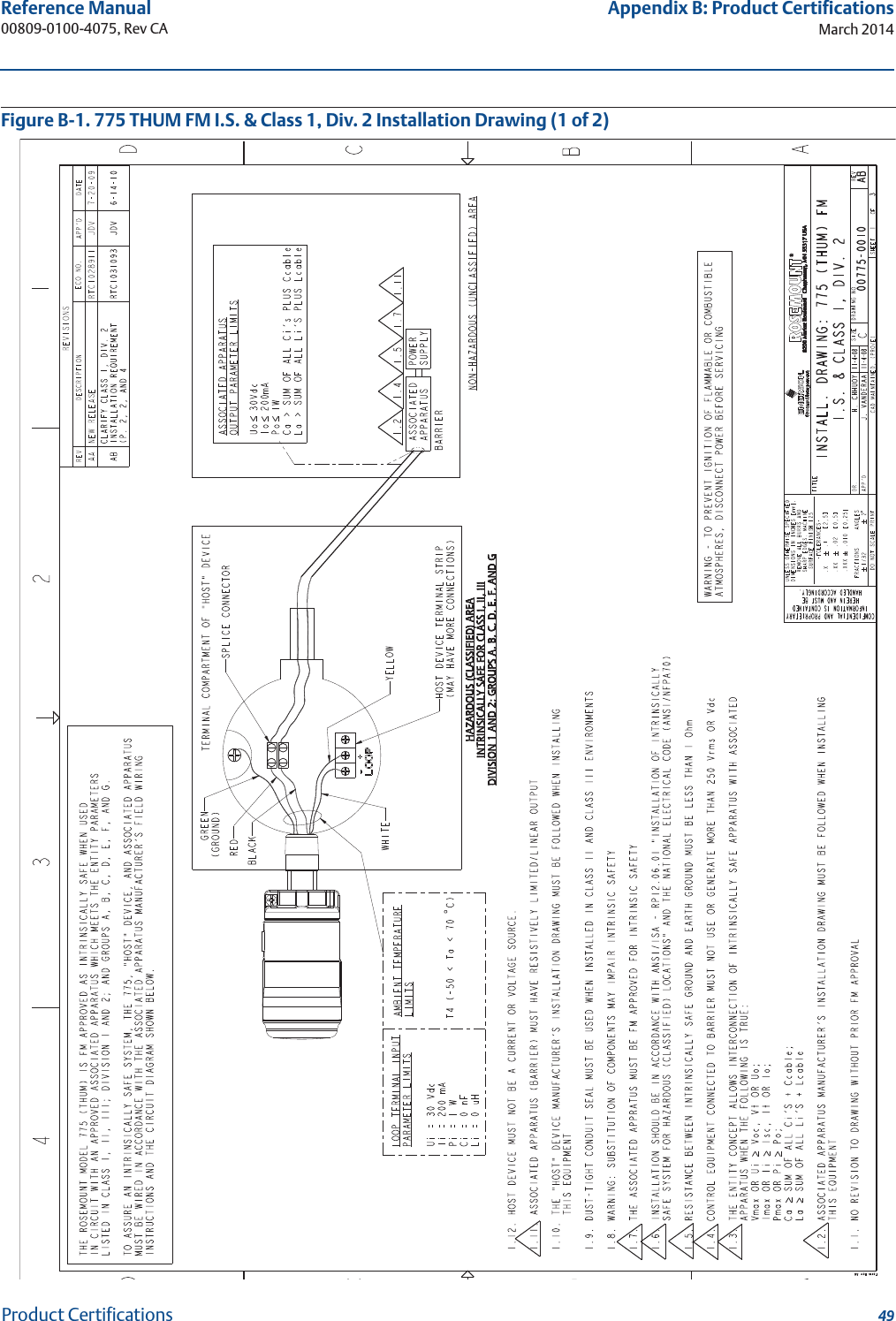 49Reference Manual 00809-0100-4075, Rev CAAppendix B: Product CertificationsMarch 2014Product CertificationsFigure B-1. 775 THUM FM I.S. &amp; Class 1, Div. 2 Installation Drawing (1 of 2)