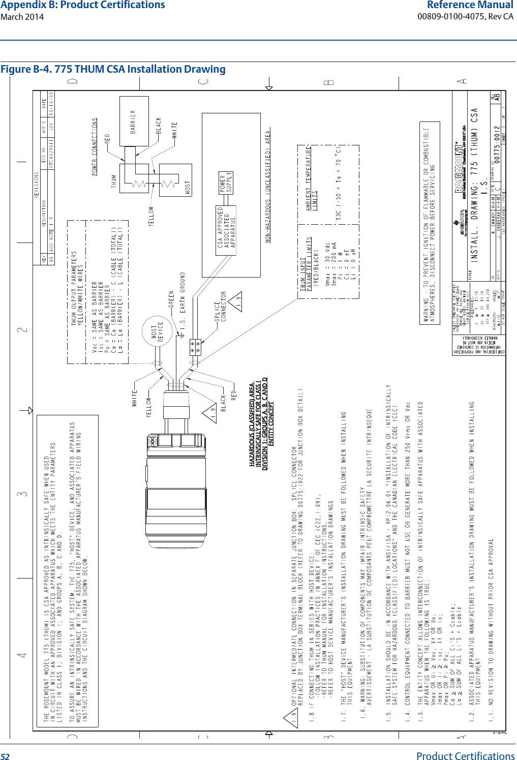 52Reference Manual00809-0100-4075, Rev CAAppendix B: Product CertificationsMarch 2014Product CertificationsFigure B-4. 775 THUM CSA Installation Drawing