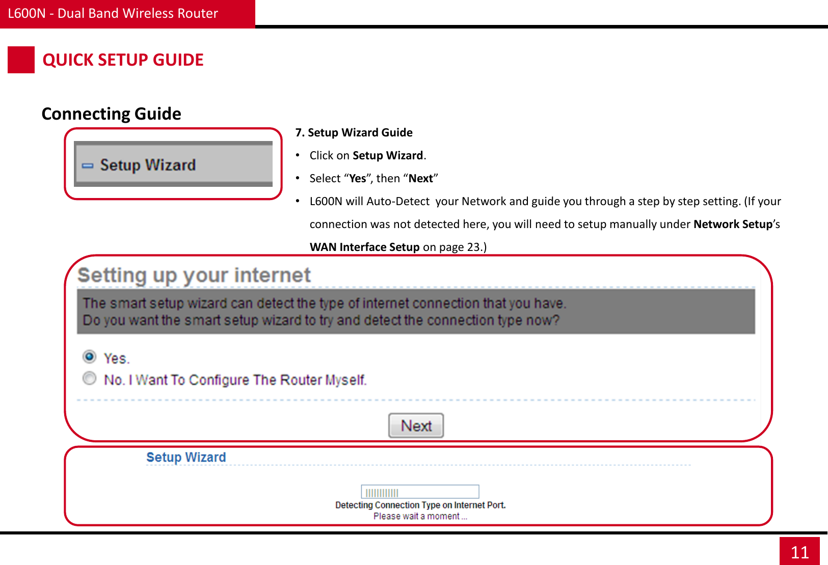 L600N - Dual Band Wireless Router 11 QUICK SETUP GUIDE Connecting Guide 7. Setup Wizard Guide •Click on Setup Wizard. •Select “Yes”, then “Next” •L600N will Auto-Detect  your Network and guide you through a step by step setting. (If your connection was not detected here, you will need to setup manually under Network Setup’s WAN Interface Setup on page 23.) 