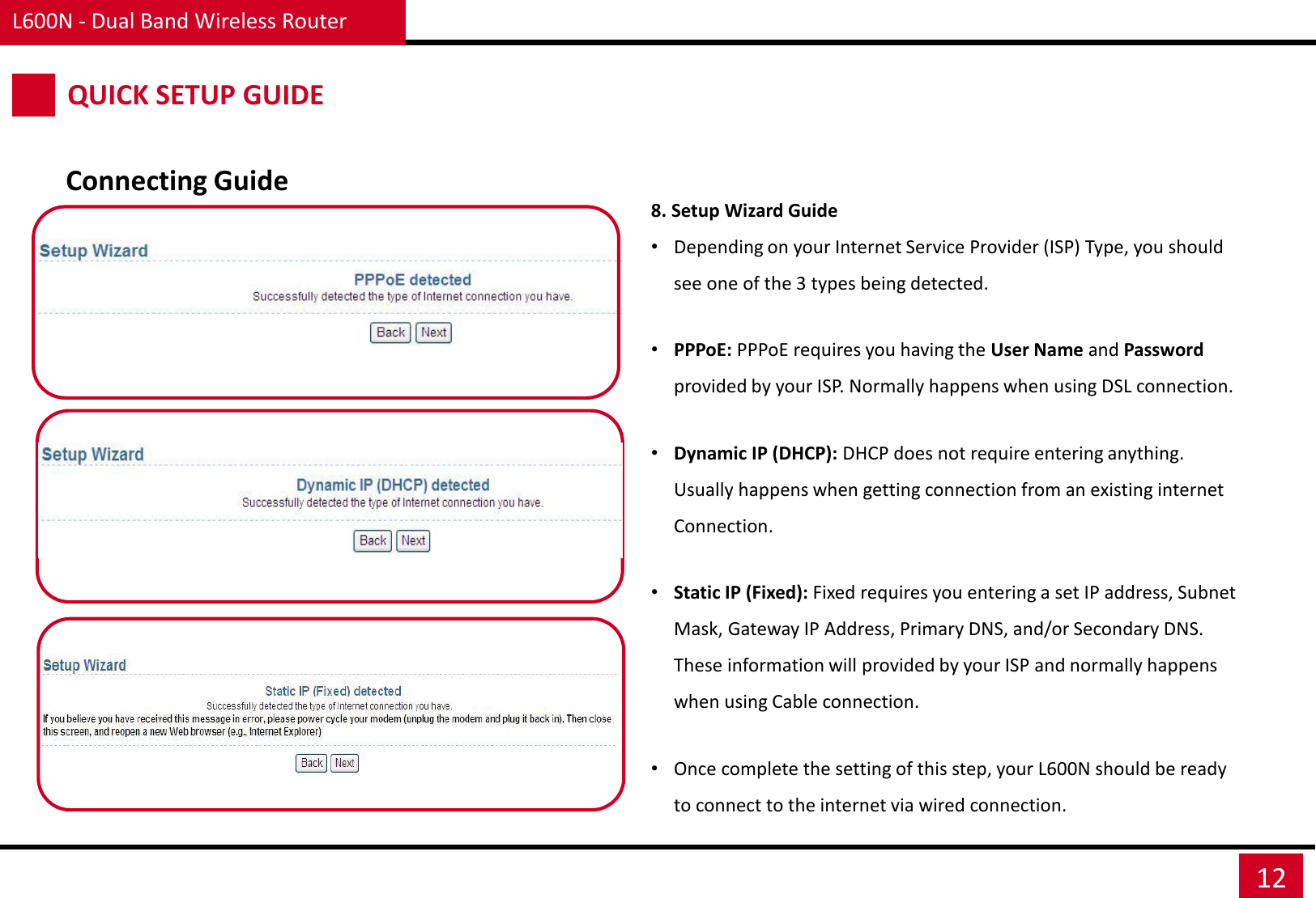L600N - Dual Band Wireless Router 12 Connecting Guide 8. Setup Wizard Guide •Depending on your Internet Service Provider (ISP) Type, you should see one of the 3 types being detected.  •PPPoE: PPPoE requires you having the User Name and Password provided by your ISP. Normally happens when using DSL connection.  •Dynamic IP (DHCP): DHCP does not require entering anything. Usually happens when getting connection from an existing internet Connection.  •Static IP (Fixed): Fixed requires you entering a set IP address, Subnet Mask, Gateway IP Address, Primary DNS, and/or Secondary DNS. These information will provided by your ISP and normally happens when using Cable connection.  •Once complete the setting of this step, your L600N should be ready to connect to the internet via wired connection.  QUICK SETUP GUIDE 