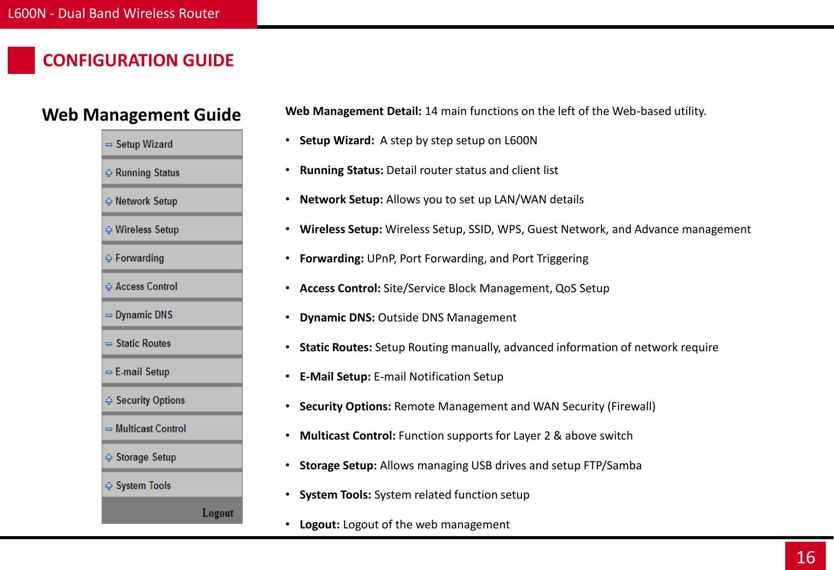 L600N - Dual Band Wireless Router 16 CONFIGURATION GUIDE Web Management Detail: 14 main functions on the left of the Web-based utility. •Setup Wizard:  A step by step setup on L600N •Running Status: Detail router status and client list •Network Setup: Allows you to set up LAN/WAN details •Wireless Setup: Wireless Setup, SSID, WPS, Guest Network, and Advance management •Forwarding: UPnP, Port Forwarding, and Port Triggering •Access Control: Site/Service Block Management, QoS Setup •Dynamic DNS: Outside DNS Management •Static Routes: Setup Routing manually, advanced information of network require •E-Mail Setup: E-mail Notification Setup •Security Options: Remote Management and WAN Security (Firewall) •Multicast Control: Function supports for Layer 2 &amp; above switch •Storage Setup: Allows managing USB drives and setup FTP/Samba •System Tools: System related function setup •Logout: Logout of the web management Web Management Guide 