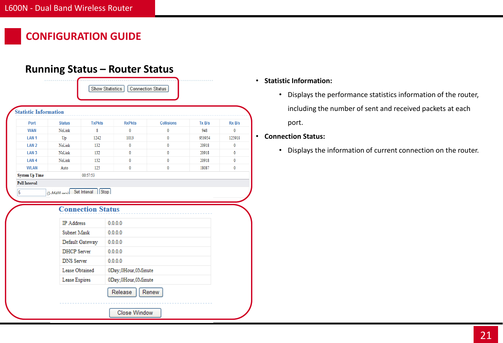 L600N - Dual Band Wireless Router 21 CONFIGURATION GUIDE Running Status – Router Status •Statistic Information: •Displays the performance statistics information of the router, including the number of sent and received packets at each port. •Connection Status:  •Displays the information of current connection on the router. 