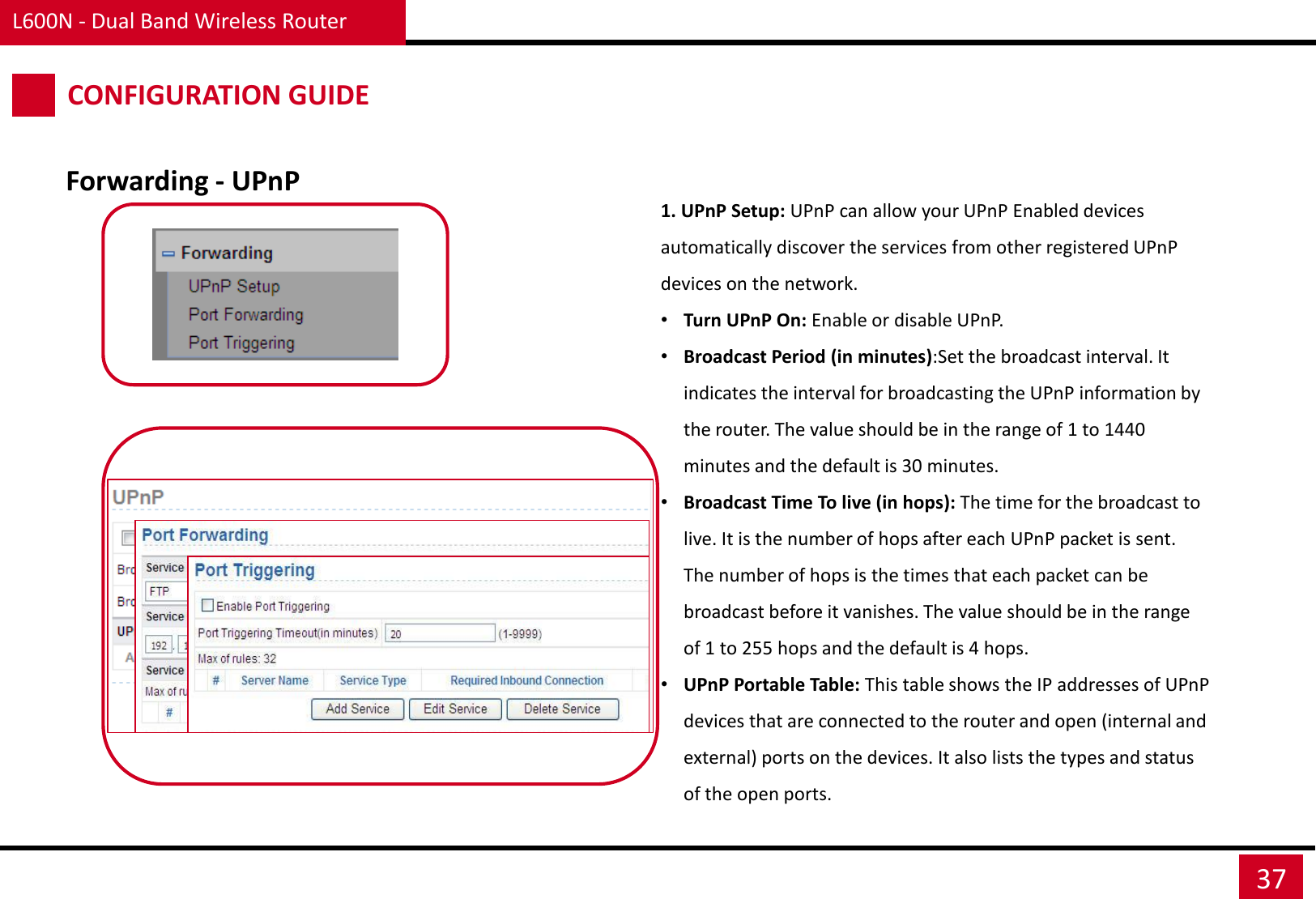 Forwarding - UPnP L600N - Dual Band Wireless Router 37 CONFIGURATION GUIDE 1. UPnP Setup: UPnP can allow your UPnP Enabled devices automatically discover the services from other registered UPnP devices on the network. •Turn UPnP On: Enable or disable UPnP. •Broadcast Period (in minutes):Set the broadcast interval. It indicates the interval for broadcasting the UPnP information by the router. The value should be in the range of 1 to 1440 minutes and the default is 30 minutes. •Broadcast Time To live (in hops): The time for the broadcast to live. It is the number of hops after each UPnP packet is sent. The number of hops is the times that each packet can be broadcast before it vanishes. The value should be in the range of 1 to 255 hops and the default is 4 hops. •UPnP Portable Table: This table shows the IP addresses of UPnP devices that are connected to the router and open (internal and external) ports on the devices. It also lists the types and status of the open ports. 