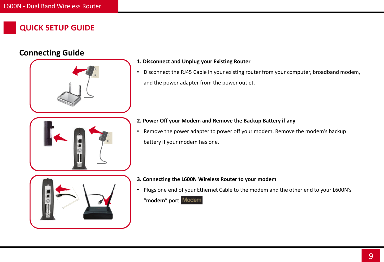 L600N - Dual Band Wireless Router 9 QUICK SETUP GUIDE Connecting Guide 1. Disconnect and Unplug your Existing Router •Disconnect the RJ45 Cable in your existing router from your computer, broadband modem, and the power adapter from the power outlet.    2. Power Off your Modem and Remove the Backup Battery if any •Remove the power adapter to power off your modem. Remove the modem’s backup battery if your modem has one.    3. Connecting the L600N Wireless Router to your modem •Plugs one end of your Ethernet Cable to the modem and the other end to your L600N’s “modem” port  