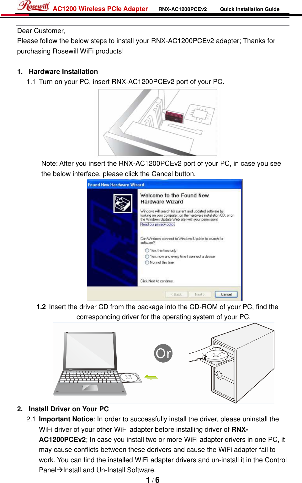 Page 2 of Rosewill RNX-AC1200PCE2 AC1200 wifi PCIE lan card User Manual 