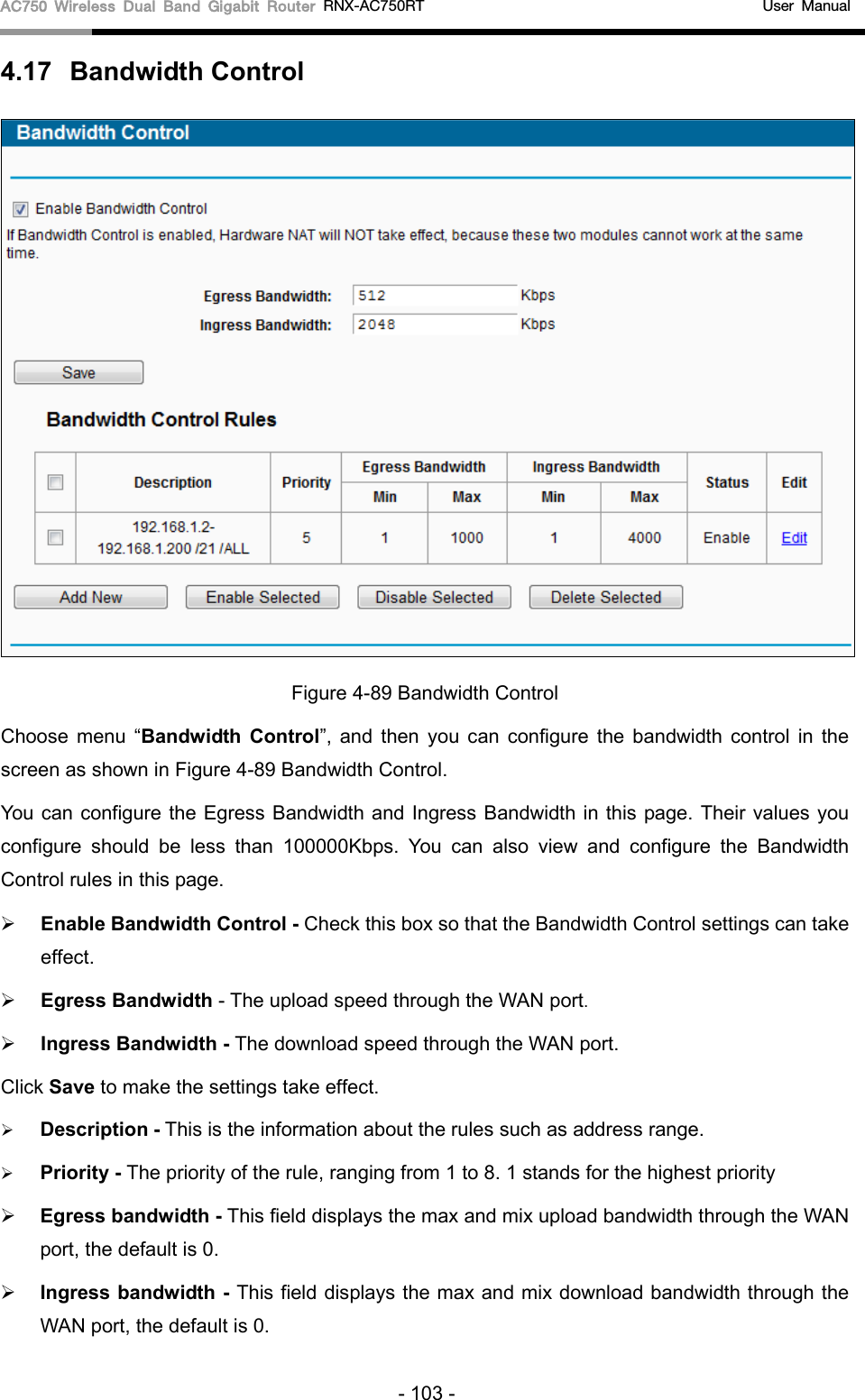 AC750 Wireless Dual Band Gigabit Router RNX-AC750RT                                             User Manual  4.17 Bandwidth Control  Figure 4-89 Bandwidth Control   Choose menu “Bandwidth Control”, and then  you can configure the  bandwidth control in the screen as shown in Figure 4-89 Bandwidth Control.   You can configure the Egress Bandwidth and Ingress Bandwidth in this page. Their values you configure should be less than 100000Kbps.  You can also  view and configure the Bandwidth Control rules in this page.  Enable Bandwidth Control - Check this box so that the Bandwidth Control settings can take effect.  Egress Bandwidth - The upload speed through the WAN port.  Ingress Bandwidth - The download speed through the WAN port. Click Save to make the settings take effect.  Description - This is the information about the rules such as address range.  Priority - The priority of the rule, ranging from 1 to 8. 1 stands for the highest priority  Egress bandwidth - This field displays the max and mix upload bandwidth through the WAN port, the default is 0.  Ingress bandwidth - This field displays the max and mix download bandwidth through the WAN port, the default is 0. - 103 - 