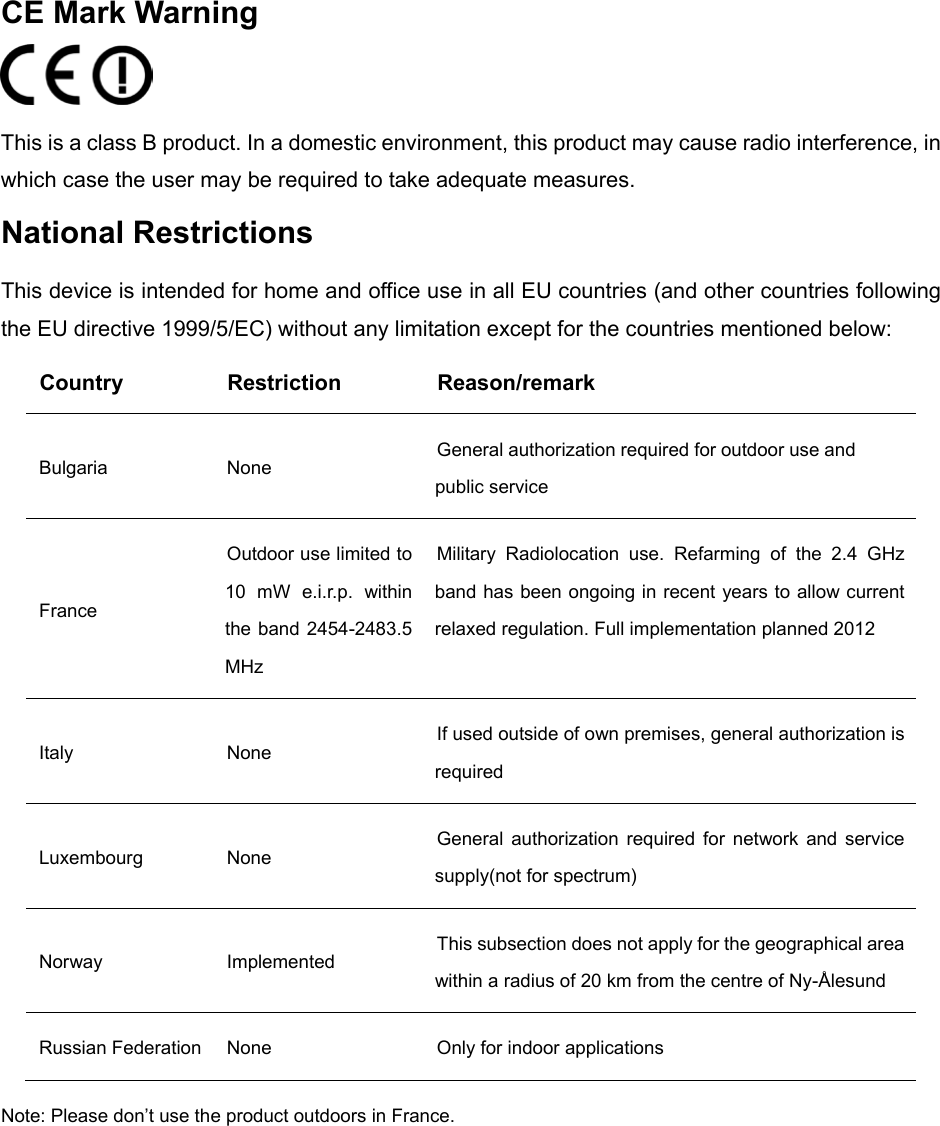  CE Mark Warning  This is a class B product. In a domestic environment, this product may cause radio interference, in which case the user may be required to take adequate measures. National Restrictions This device is intended for home and office use in all EU countries (and other countries following the EU directive 1999/5/EC) without any limitation except for the countries mentioned below: Country Restriction Reason/remark Bulgaria None General authorization required for outdoor use and public service France Outdoor use limited to 10 mW e.i.r.p. within the band 2454-2483.5 MHz Military Radiolocation use. Refarming of the 2.4 GHz band has been ongoing in recent years to allow current relaxed regulation. Full implementation planned 2012 Italy None If used outside of own premises, general authorization is required Luxembourg None General authorization required for network and service supply(not for spectrum) Norway Implemented This subsection does not apply for the geographical area within a radius of 20 km from the centre of Ny-Ålesund Russian Federation None Only for indoor applications Note: Please don’t use the product outdoors in France.    