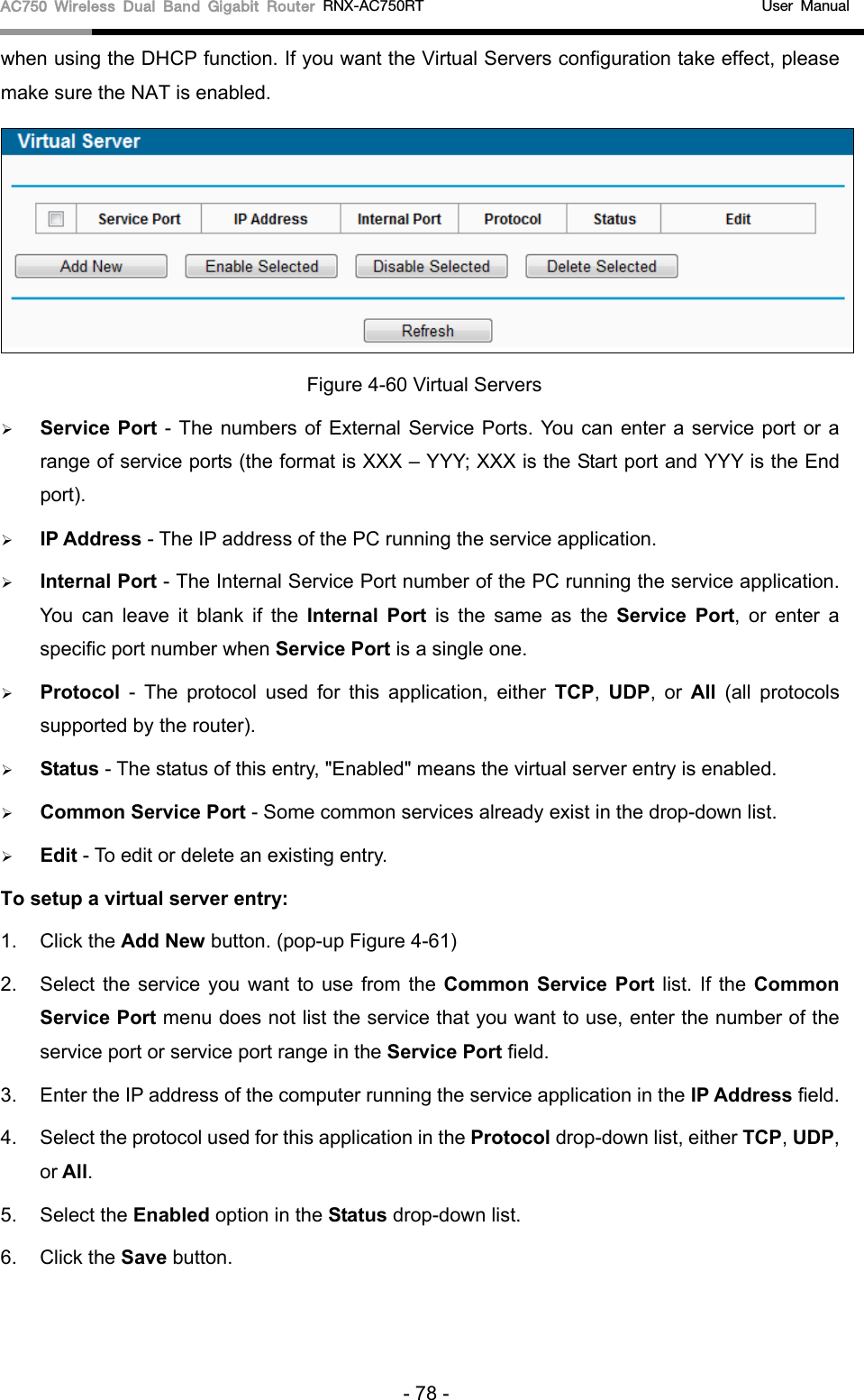 AC750 Wireless Dual Band Gigabit Router RNX-AC750RT                                             User Manual  when using the DHCP function. If you want the Virtual Servers configuration take effect, please make sure the NAT is enabled.  Figure 4-60 Virtual Servers  Service Port - The numbers of External Service Ports. You can enter a service port or a range of service ports (the format is XXX – YYY; XXX is the Start port and YYY is the End port).    IP Address - The IP address of the PC running the service application.    Internal Port - The Internal Service Port number of the PC running the service application. You can leave it blank if the Internal Port is the same as the Service Port, or enter a specific port number when Service Port is a single one.    Protocol  -  The protocol used for this application, either TCP,  UDP, or All  (all protocols supported by the router).    Status - The status of this entry, &quot;Enabled&quot; means the virtual server entry is enabled.    Common Service Port - Some common services already exist in the drop-down list.    Edit - To edit or delete an existing entry.   To setup a virtual server entry:   1. Click the Add New button. (pop-up Figure 4-61) 2. Select the service you want to use from the Common Service Port list. If the Common Service Port menu does not list the service that you want to use, enter the number of the service port or service port range in the Service Port field.   3. Enter the IP address of the computer running the service application in the IP Address field.   4. Select the protocol used for this application in the Protocol drop-down list, either TCP, UDP, or All.   5. Select the Enabled option in the Status drop-down list.   6. Click the Save button.   - 78 - 