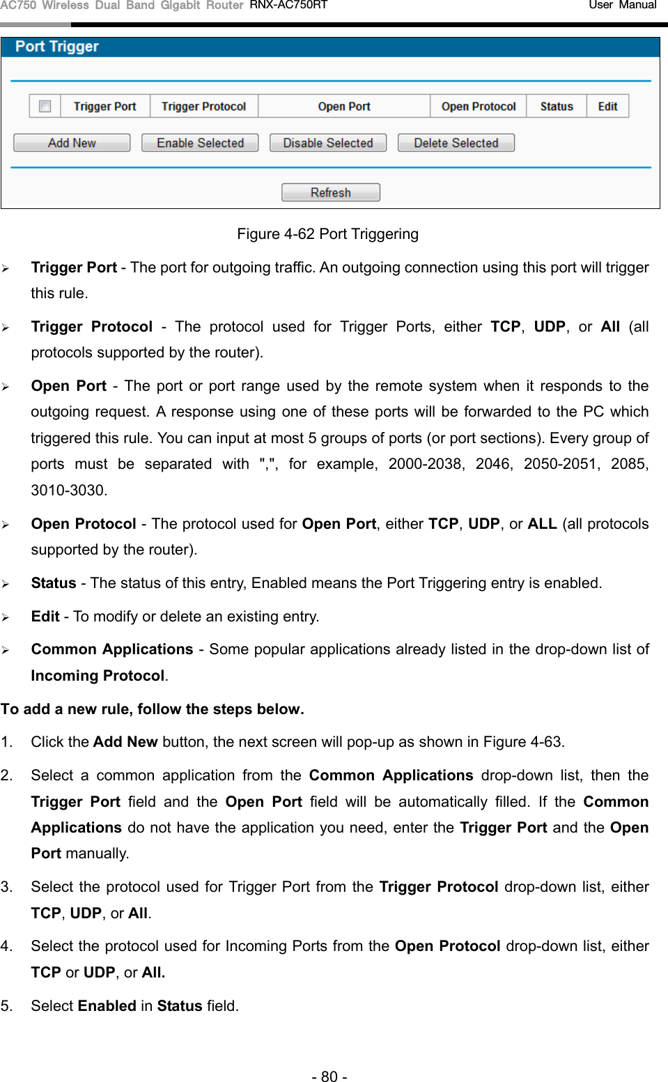 AC750 Wireless Dual Band Gigabit Router RNX-AC750RT                                             User Manual   Figure 4-62 Port Triggering  Trigger Port - The port for outgoing traffic. An outgoing connection using this port will trigger this rule.    Trigger Protocol - The protocol used for Trigger Ports, either TCP,  UDP, or All  (all protocols supported by the router).    Open Port - The port or port range used by the remote system when it responds to the outgoing request. A response using one of these ports will be forwarded to the PC which triggered this rule. You can input at most 5 groups of ports (or port sections). Every group of ports must be separated with &quot;,&quot;, for example, 2000-2038, 2046, 2050-2051, 2085, 3010-3030.    Open Protocol - The protocol used for Open Port, either TCP, UDP, or ALL (all protocols supported by the router).    Status - The status of this entry, Enabled means the Port Triggering entry is enabled.    Edit - To modify or delete an existing entry.    Common Applications - Some popular applications already listed in the drop-down list of Incoming Protocol. To add a new rule, follow the steps below.   1. Click the Add New button, the next screen will pop-up as shown in Figure 4-63. 2. Select a common application from the Common Applications drop-down list, then the Trigger Port field and the Open Port field will be automatically filled. If the Common Applications do not have the application you need, enter the Trigger Port and the Open Port manually. 3. Select the protocol used for Trigger Port from the Trigger Protocol drop-down list, either TCP, UDP, or All. 4. Select the protocol used for Incoming Ports from the Open Protocol drop-down list, either TCP or UDP, or All. 5. Select Enabled in Status field.   - 80 - 