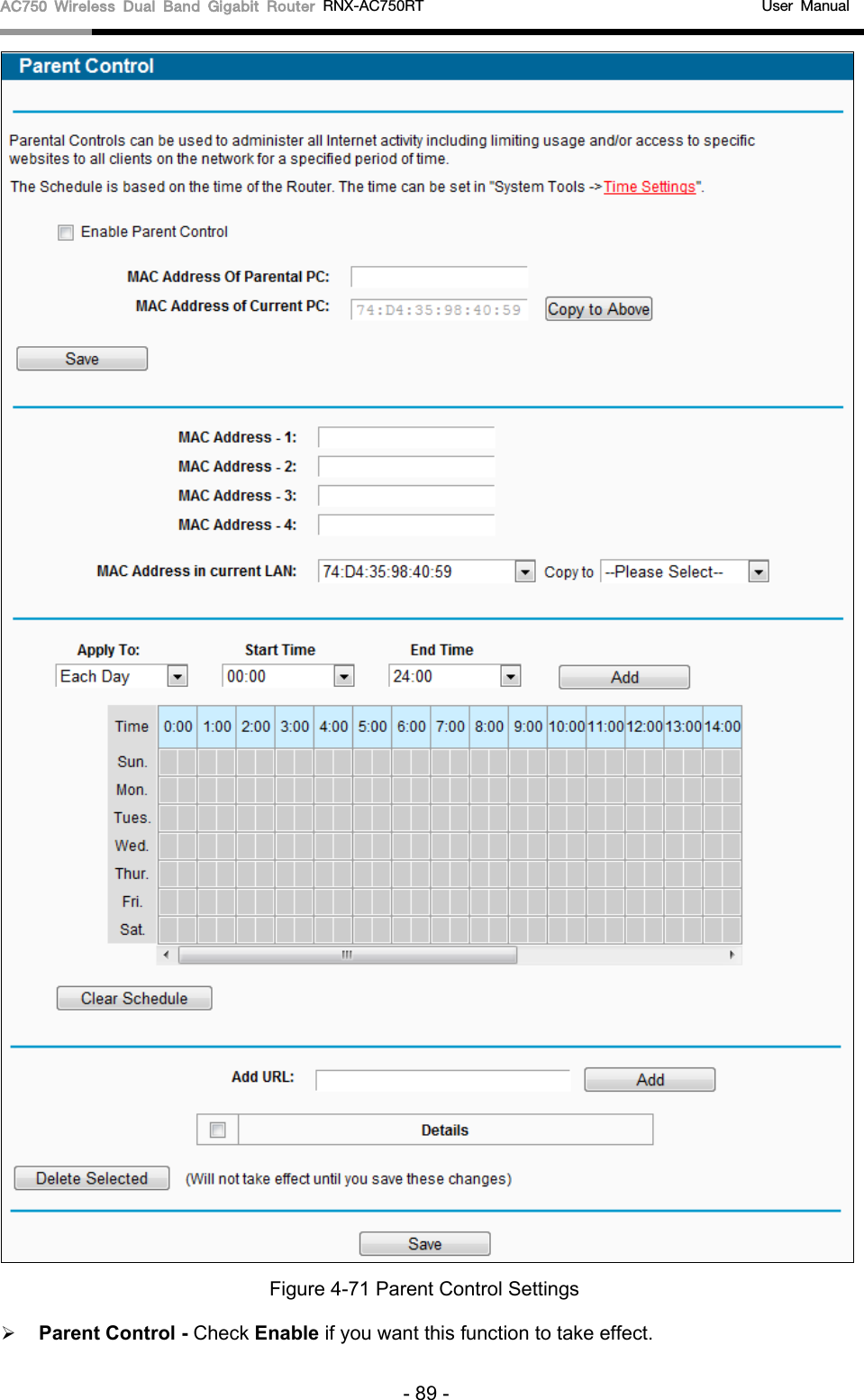 AC750 Wireless Dual Band Gigabit Router RNX-AC750RT                                             User Manual   Figure 4-71 Parent Control Settings  Parent Control - Check Enable if you want this function to take effect.   - 89 - 