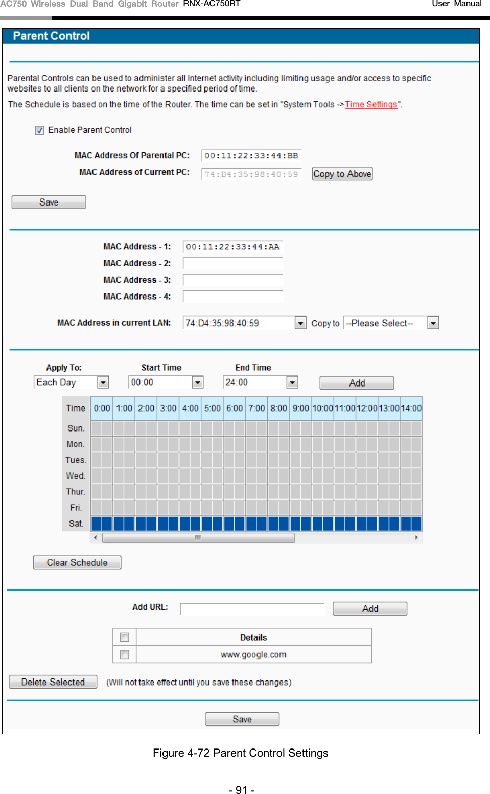 AC750 Wireless Dual Band Gigabit Router RNX-AC750RT                                             User Manual   Figure 4-72 Parent Control Settings - 91 - 