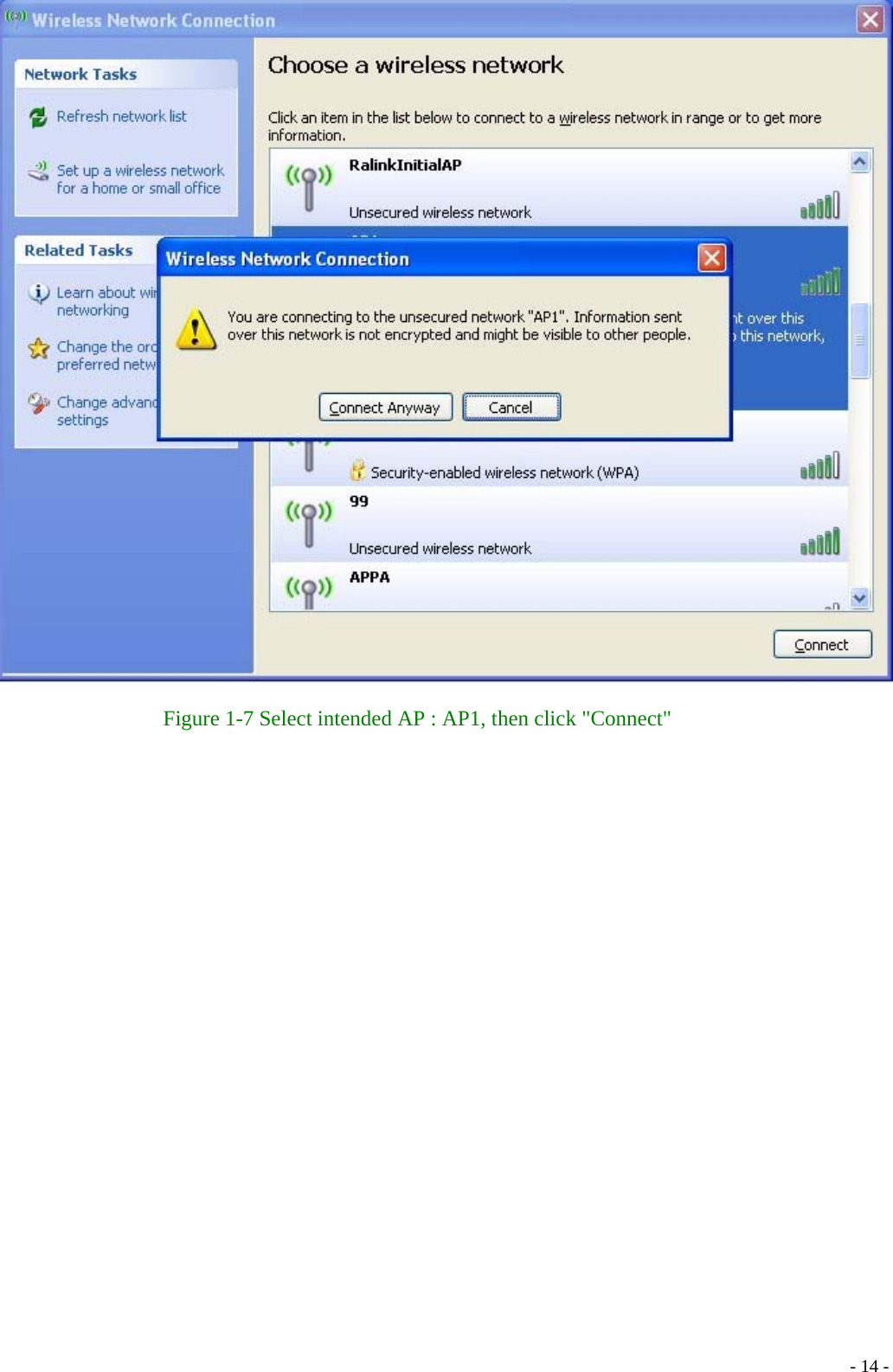    Figure 1-7 Select intended AP : AP1, then click &quot;Connect&quot;    - 14 -