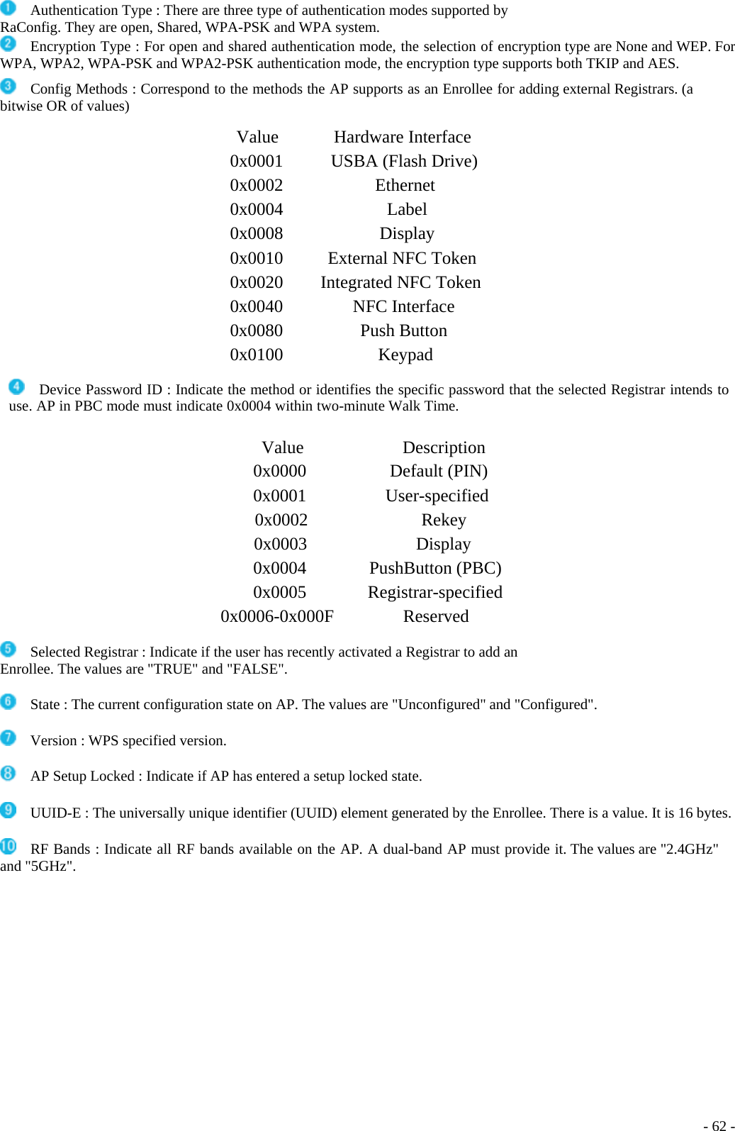      Authentication Type : There are three type of authentication modes supported by RaConfig. They are open, Shared, WPA-PSK and WPA system.     Encryption Type : For open and shared authentication mode, the selection of encryption type are None and WEP. For WPA, WPA2, WPA-PSK and WPA2-PSK authentication mode, the encryption type supports both TKIP and AES.     Config Methods : Correspond to the methods the AP supports as an Enrollee for adding external Registrars. (a bitwise OR of values)  Value Hardware Interface 0x0001 USBA (Flash Drive) 0x0002 Ethernet 0x0004 Label 0x0008 Display 0x0010  External NFC Token 0x0020  Integrated NFC Token 0x0040 NFC Interface 0x0080 Push Button 0x0100 Keypad      Device Password ID : Indicate the method or identifies the specific password that the selected Registrar intends to use. AP in PBC mode must indicate 0x0004 within two-minute Walk Time.   Value Description 0x0000 Default (PIN) 0x0001 User-specified 0x0002 Rekey 0x0003 Display 0x0004 PushButton (PBC) 0x0005 Registrar-specified 0x0006-0x000F Reserved      Selected Registrar : Indicate if the user has recently activated a Registrar to add an Enrollee. The values are &quot;TRUE&quot; and &quot;FALSE&quot;.      State : The current configuration state on AP. The values are &quot;Unconfigured&quot; and &quot;Configured&quot;.      Version : WPS specified version.      AP Setup Locked : Indicate if AP has entered a setup locked state.      UUID-E : The universally unique identifier (UUID) element generated by the Enrollee. There is a value. It is 16 bytes.      RF Bands : Indicate all RF bands available on the AP. A dual-band AP must provide it. The values are &quot;2.4GHz&quot; and &quot;5GHz&quot;.    - 62 -