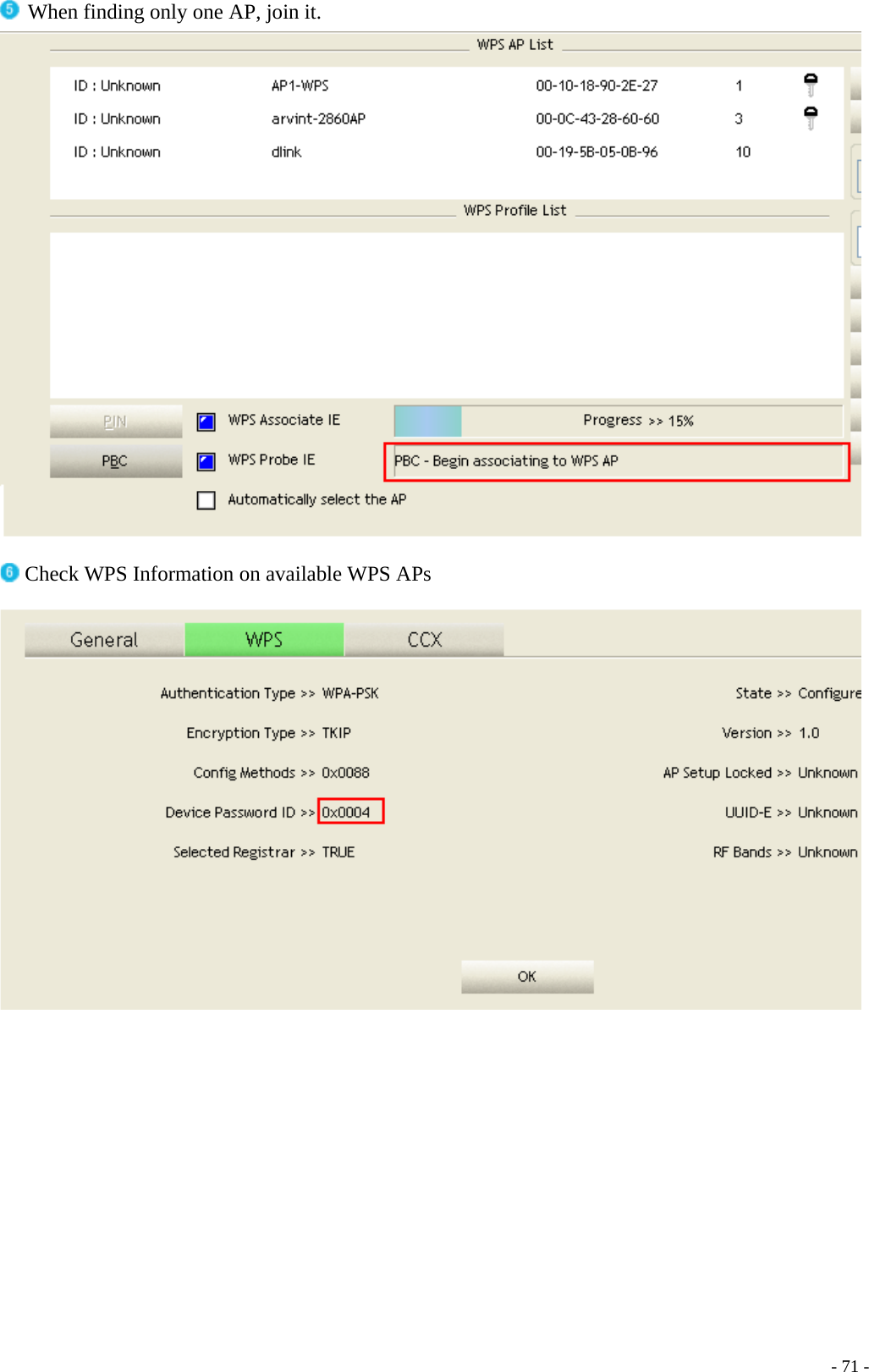  When finding only one AP, join it.   Check WPS Information on available WPS APs       - 71 -